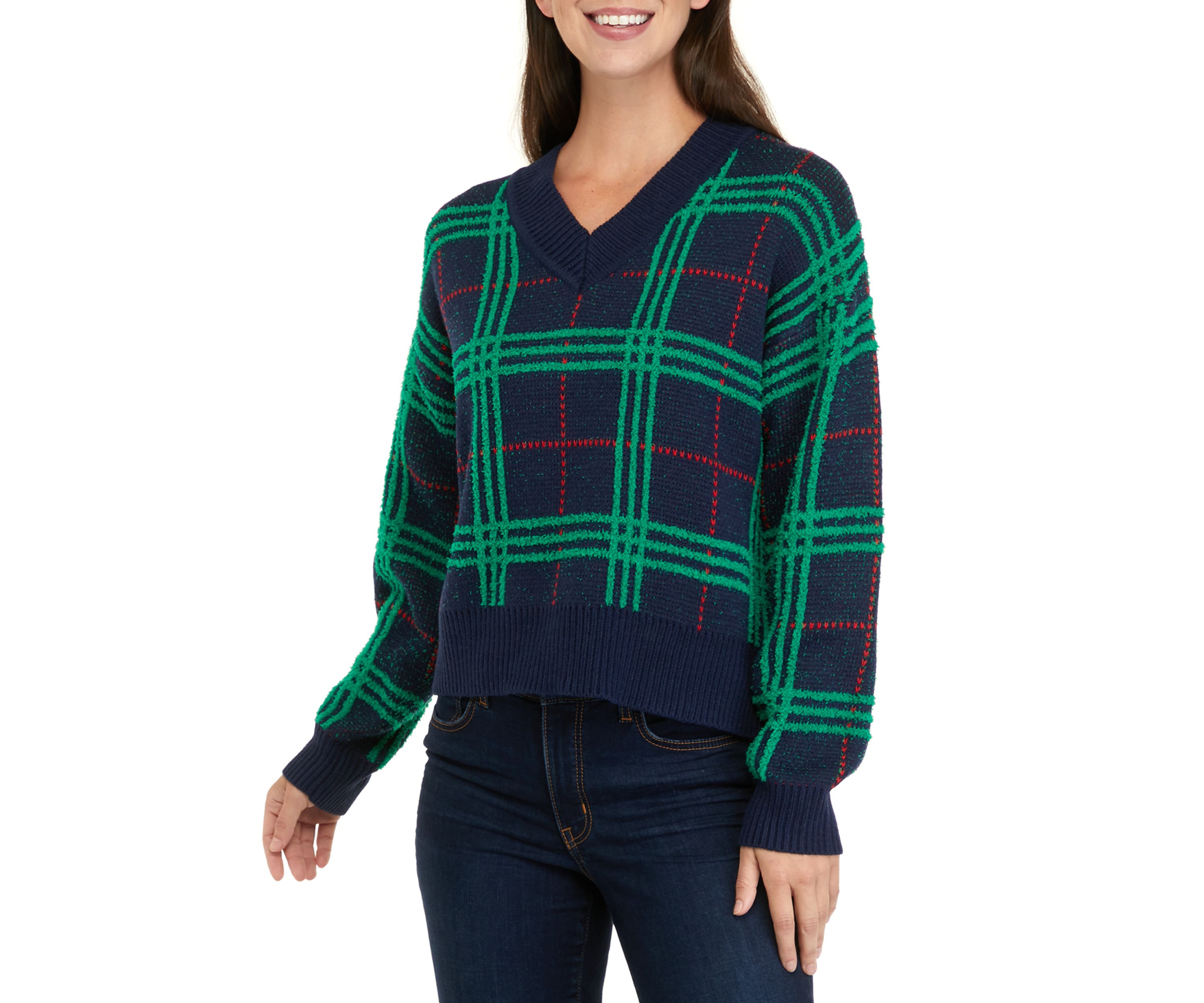 Womens Long Sleeve V-Neck Plaid Sweater