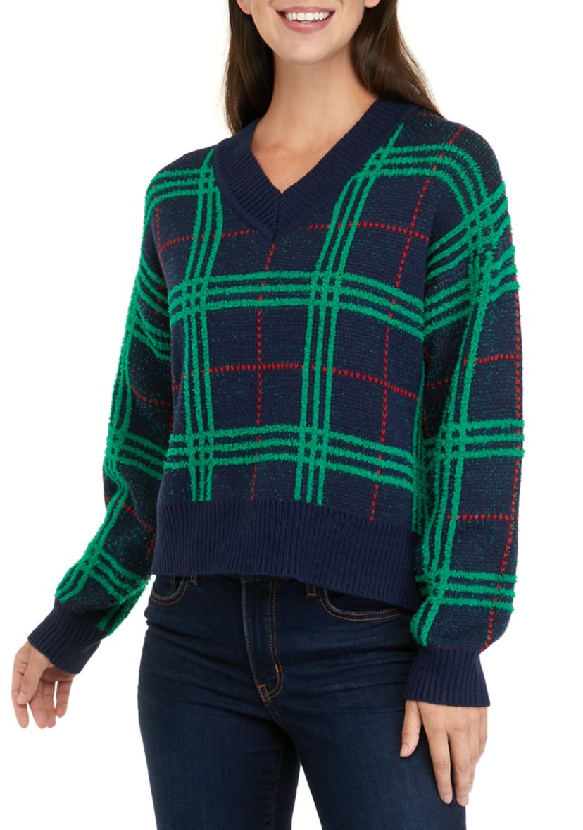 Womens Long Sleeve V-Neck Plaid Sweater