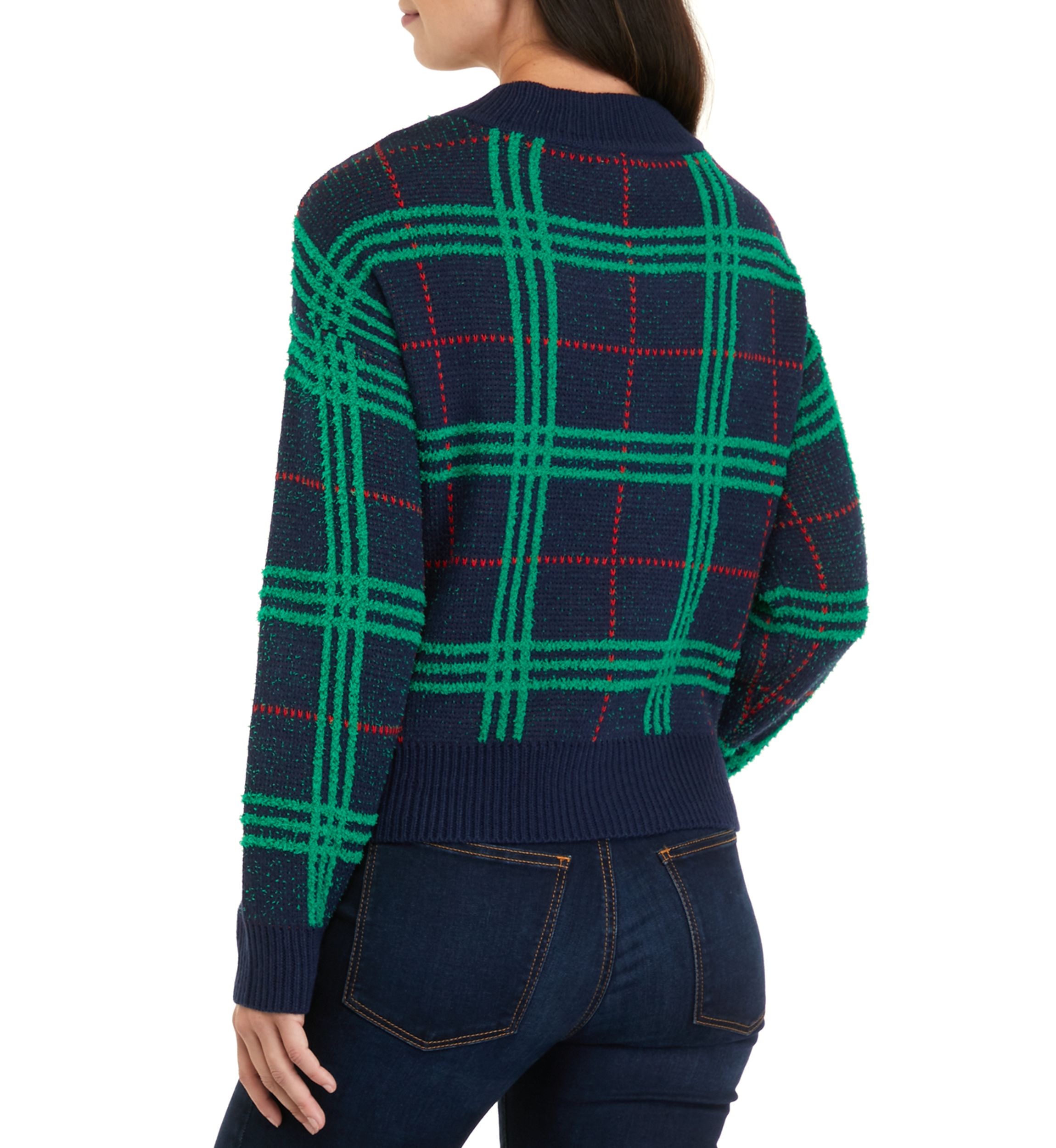 Womens Long Sleeve V-Neck Plaid Sweater