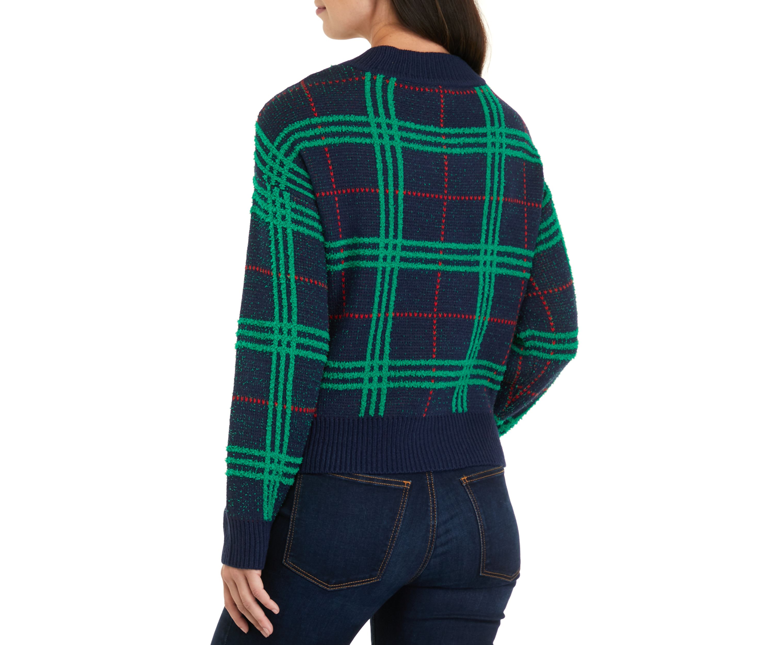 Womens Long Sleeve V-Neck Plaid Sweater