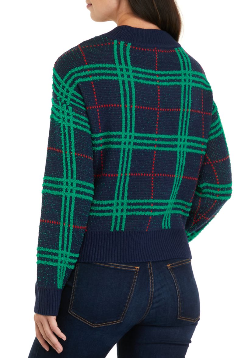Womens Long Sleeve V-Neck Plaid Sweater