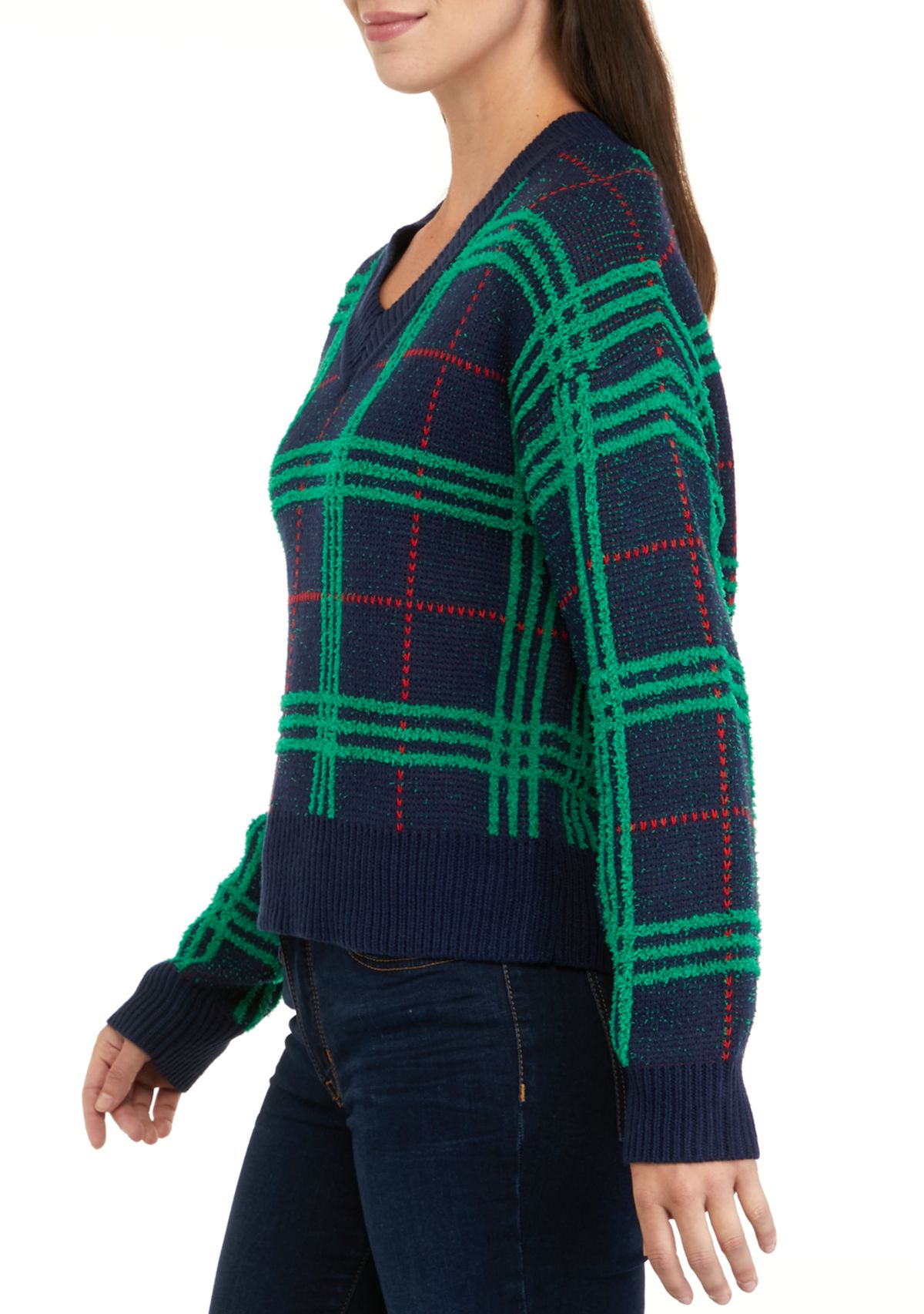 Womens Long Sleeve V-Neck Plaid Sweater