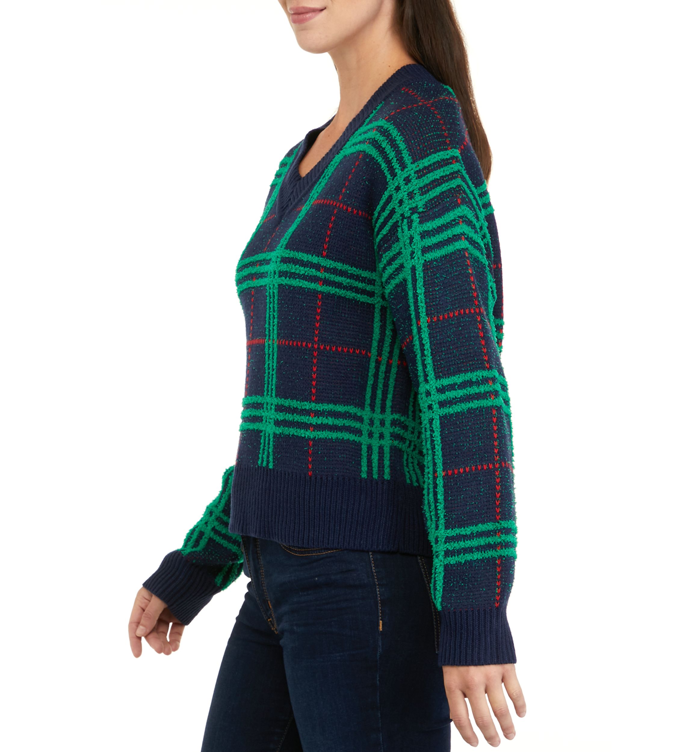 Womens Long Sleeve V-Neck Plaid Sweater