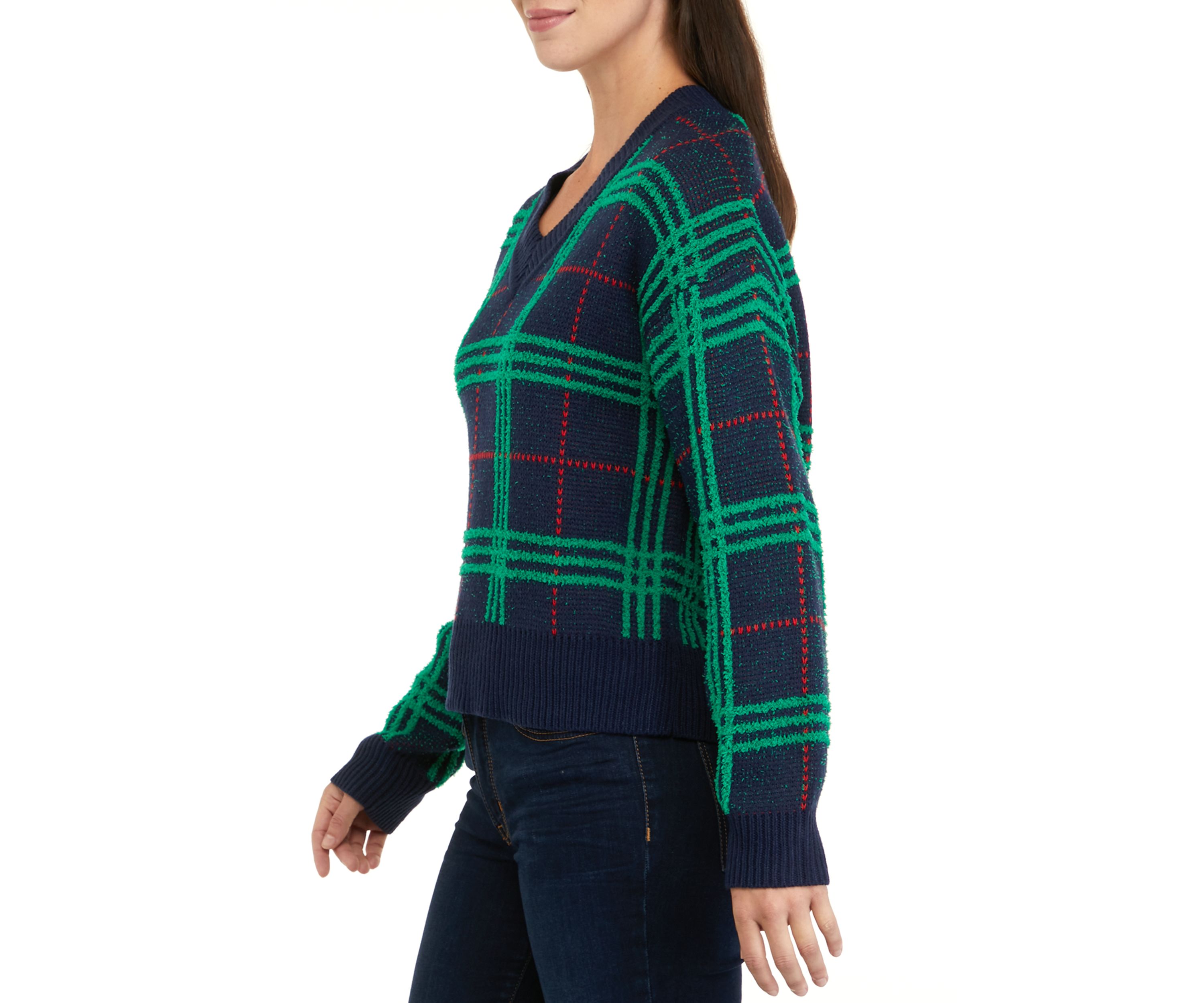 Womens Long Sleeve V-Neck Plaid Sweater