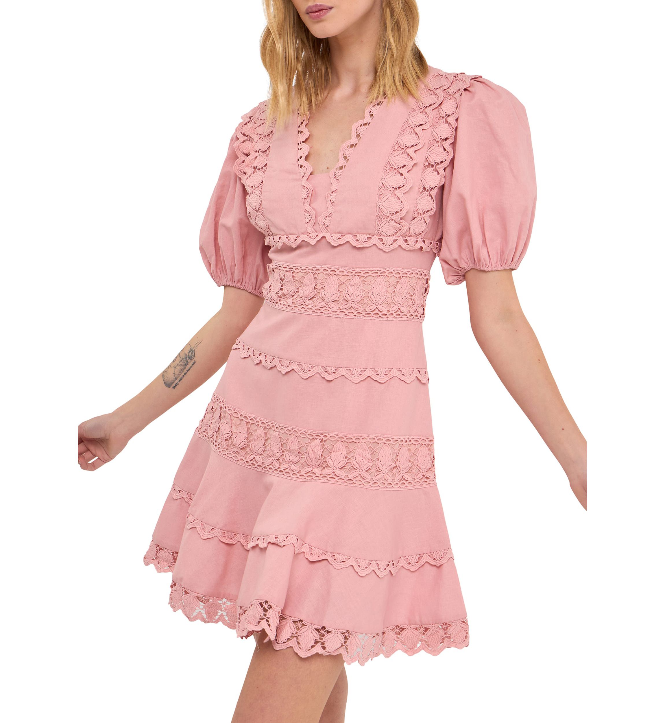 Plunging Lace Trim Dress with Puff Sleeve