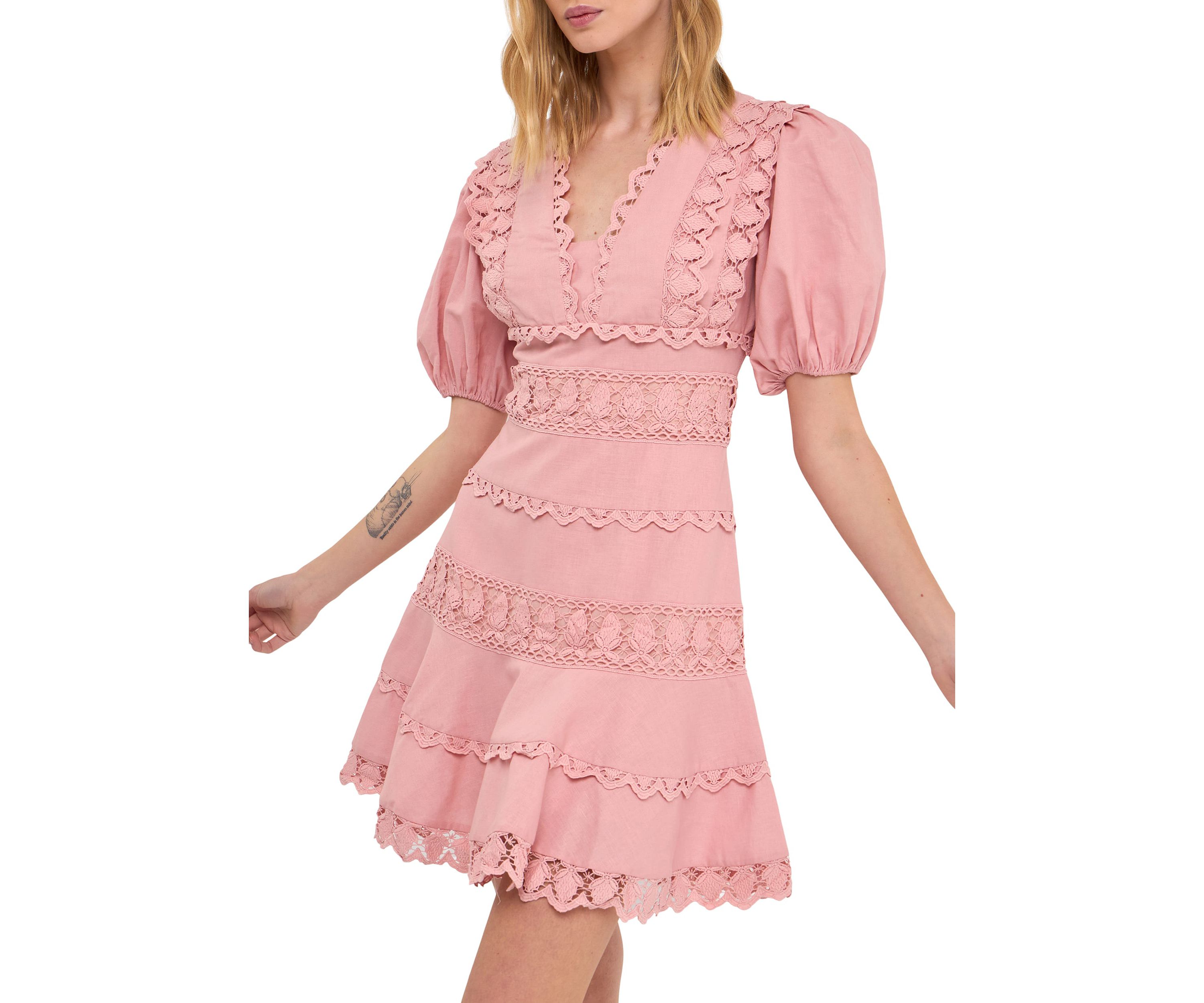 Plunging Lace Trim Dress with Puff Sleeve