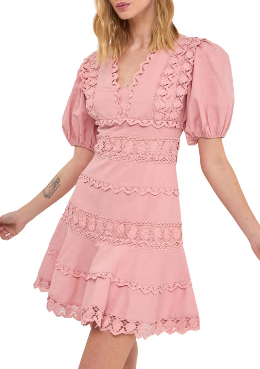 Plunging Lace Trim Dress with Puff Sleeve