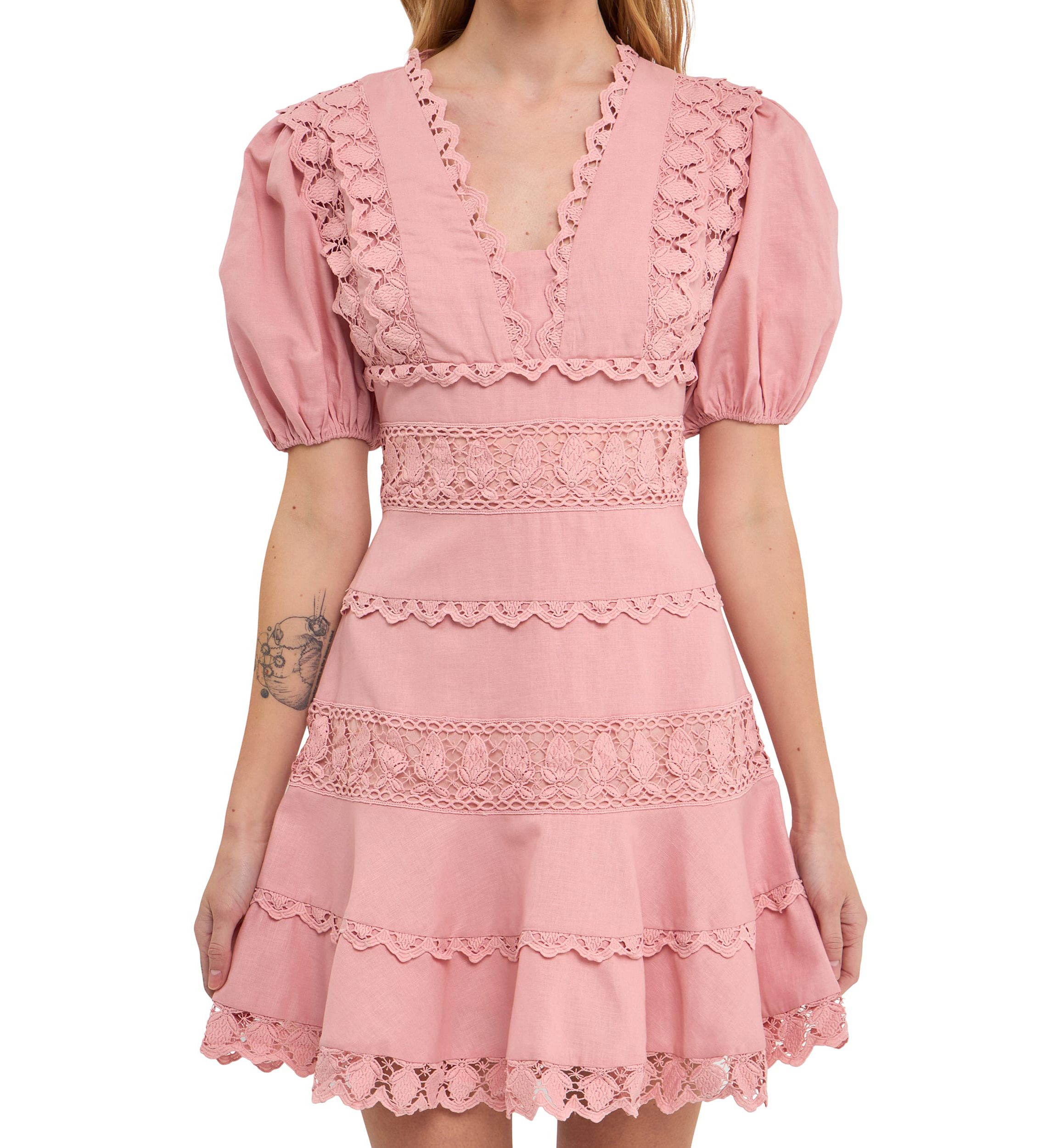 Plunging Lace Trim Dress with Puff Sleeve