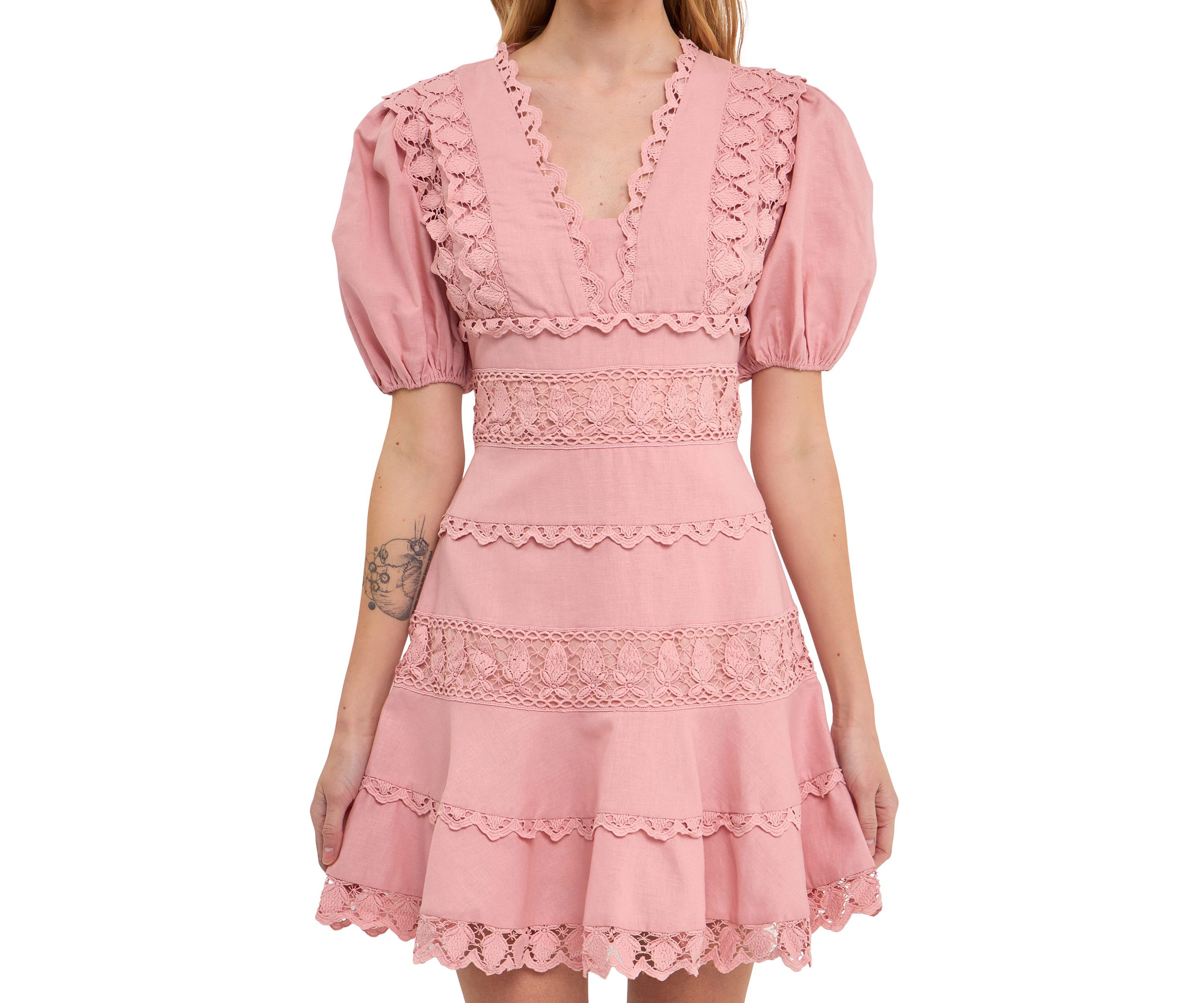 Plunging Lace Trim Dress with Puff Sleeve