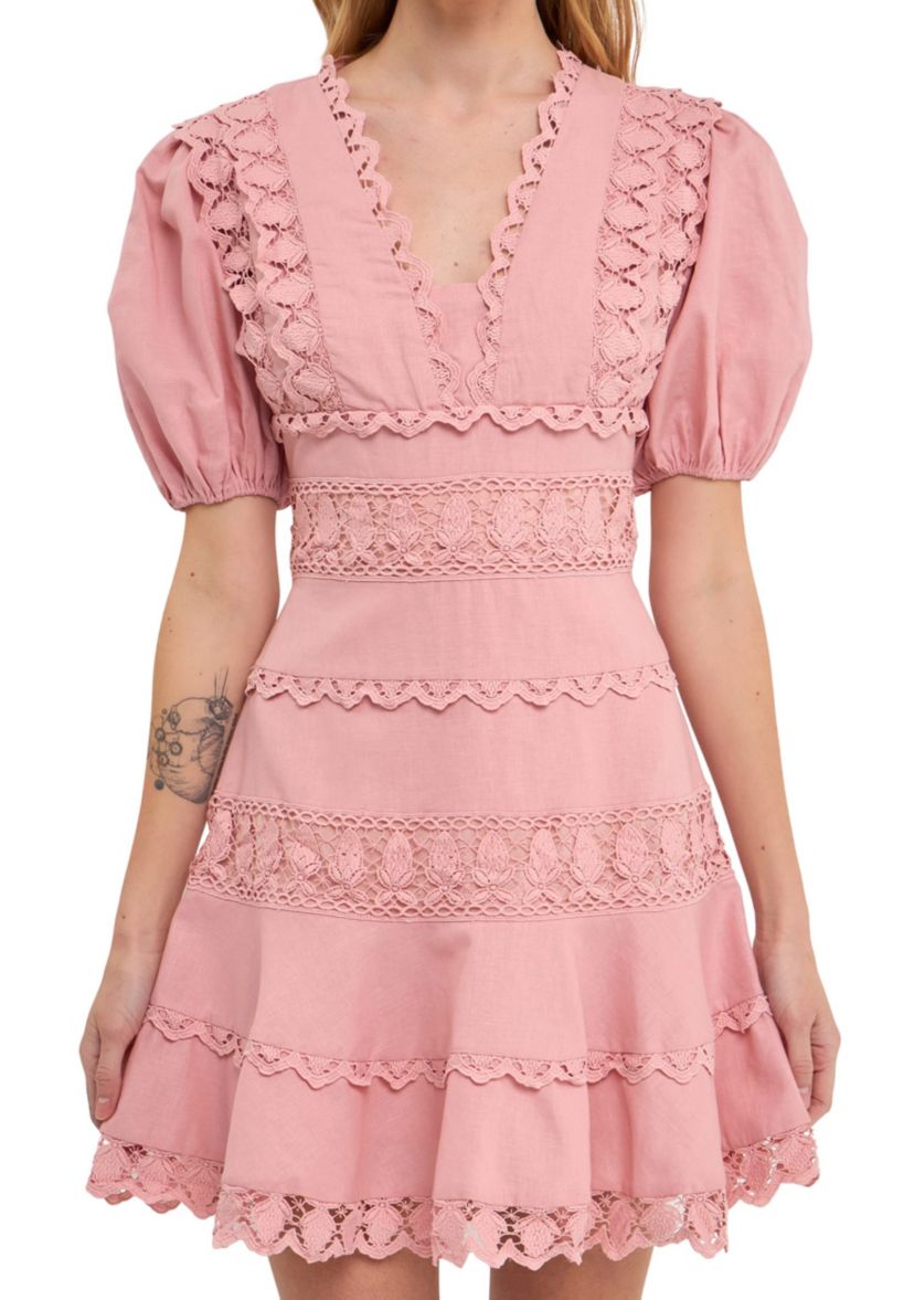 Plunging Lace Trim Dress with Puff Sleeve