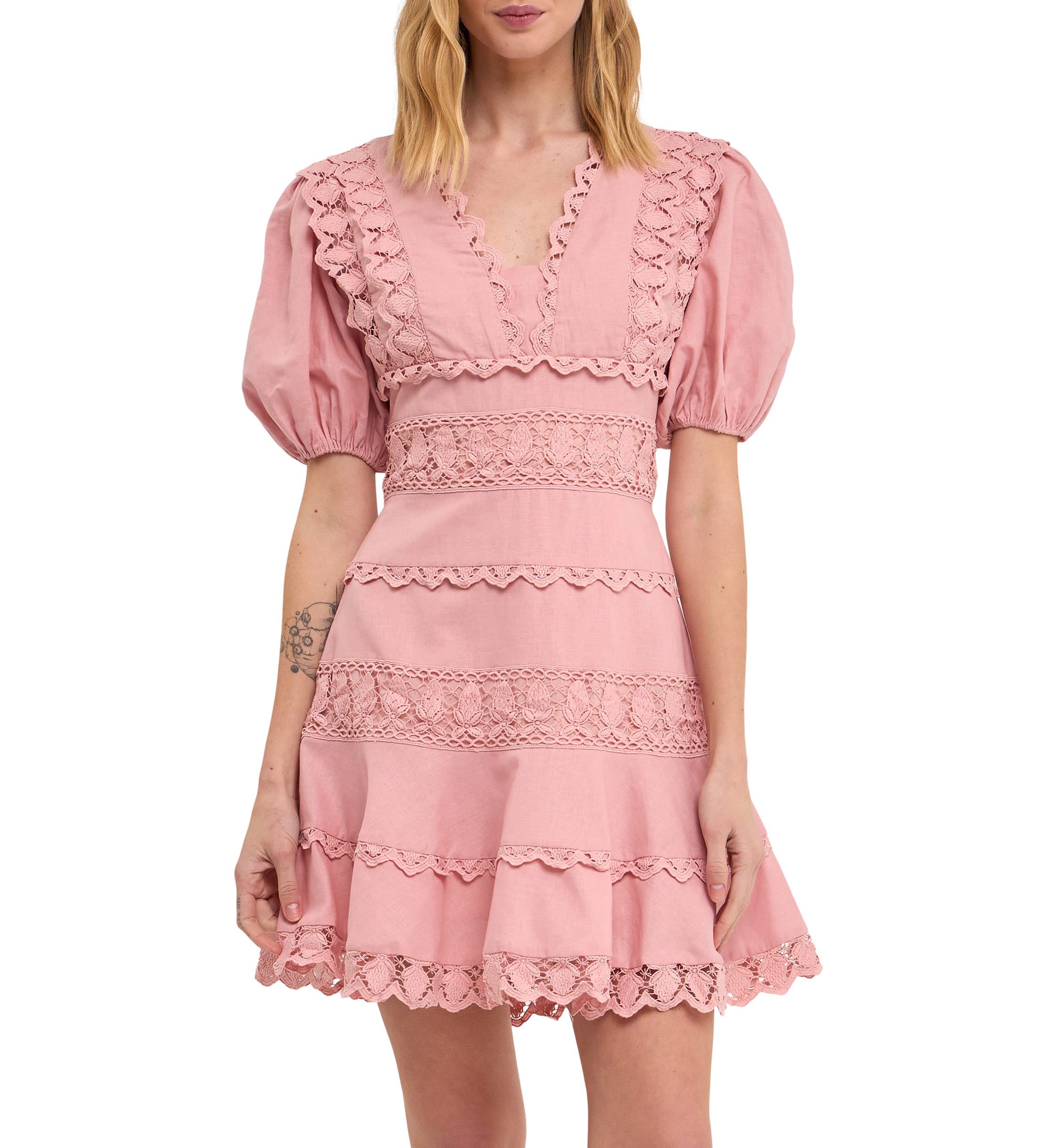 Plunging Lace Trim Dress with Puff Sleeve