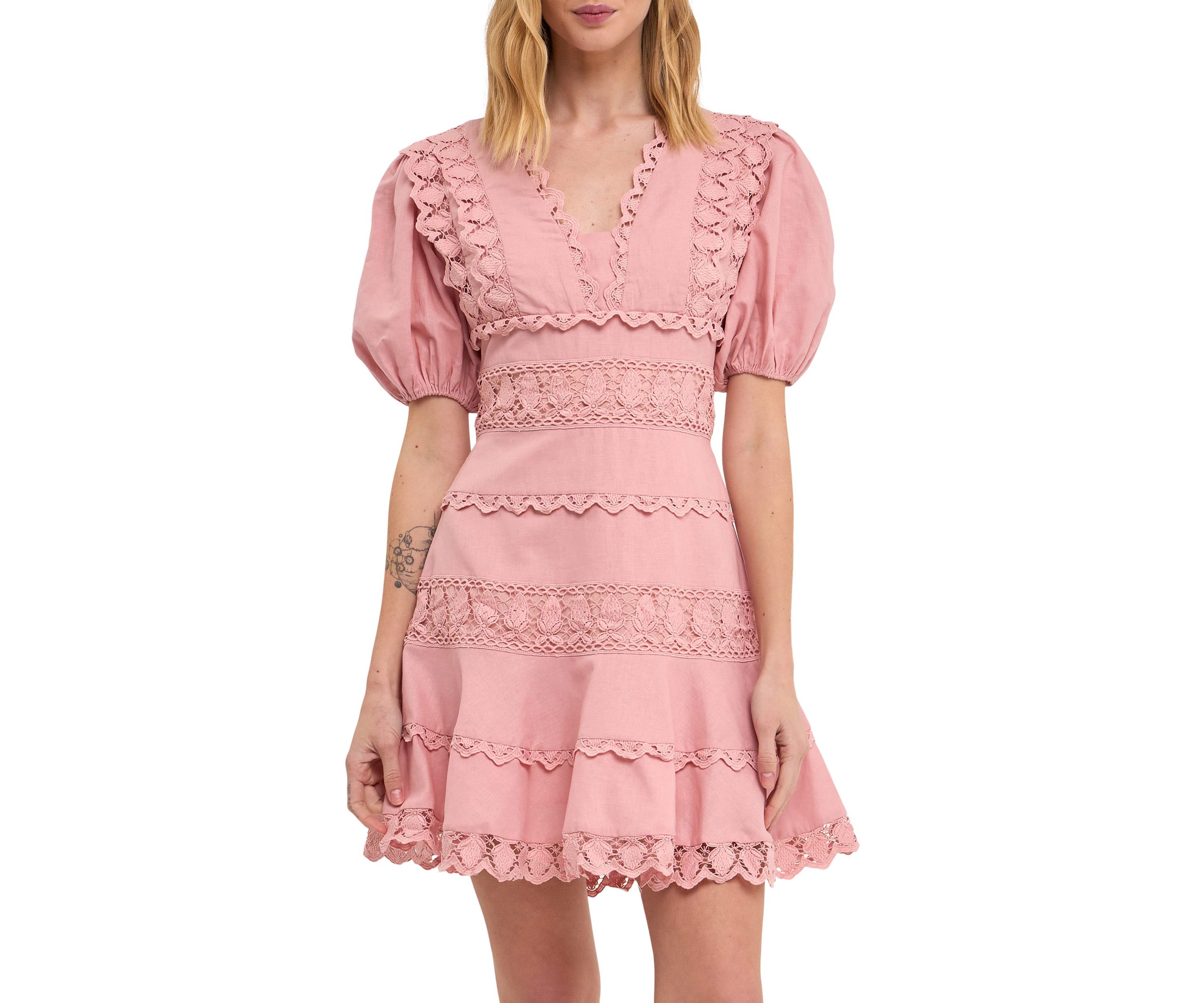 Plunging Lace Trim Dress with Puff Sleeve