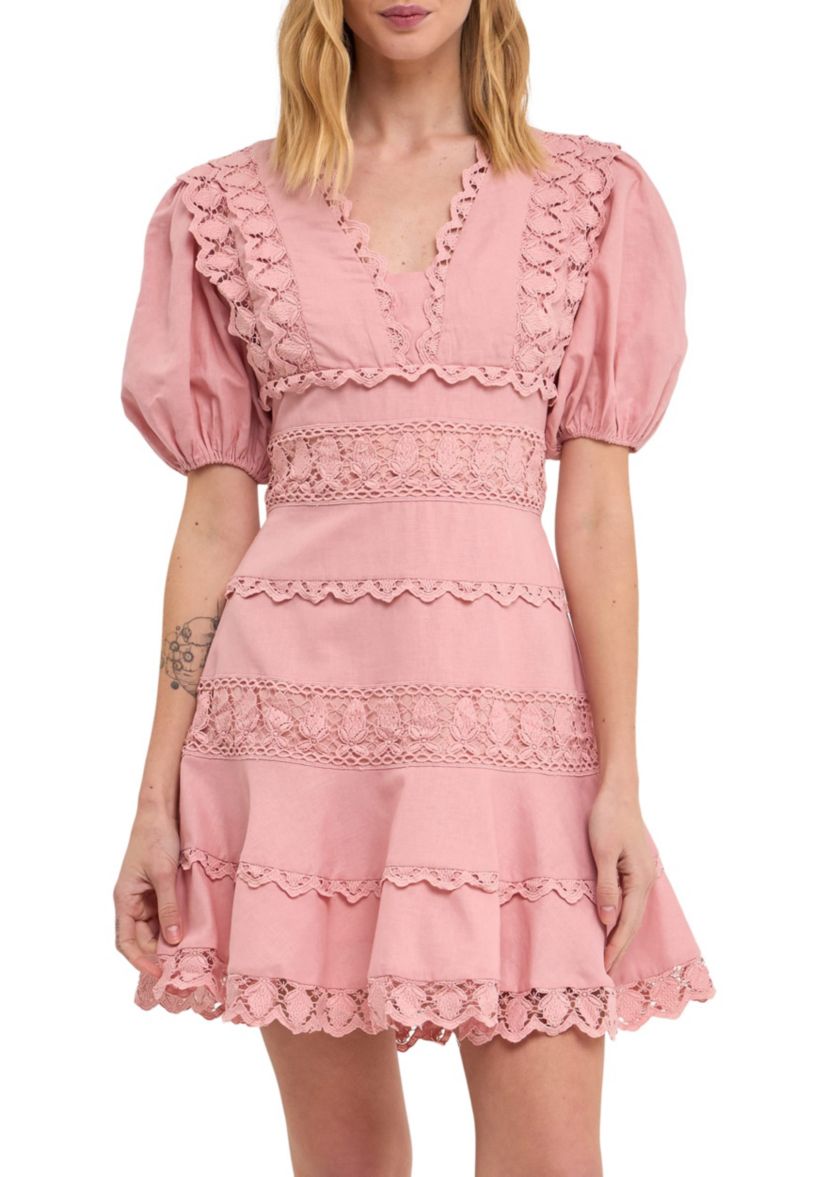 Plunging Lace Trim Dress with Puff Sleeve
