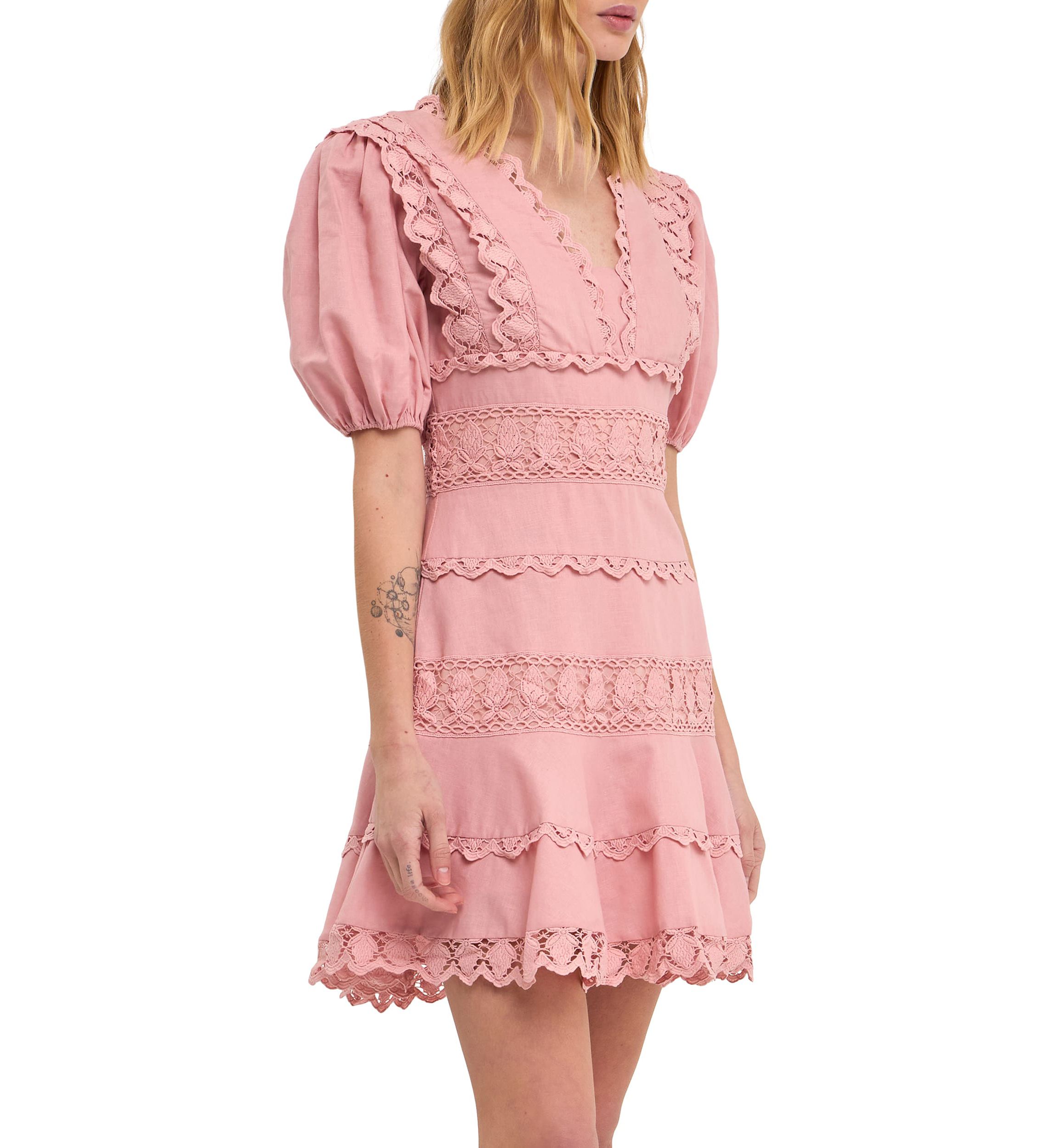 Plunging Lace Trim Dress with Puff Sleeve