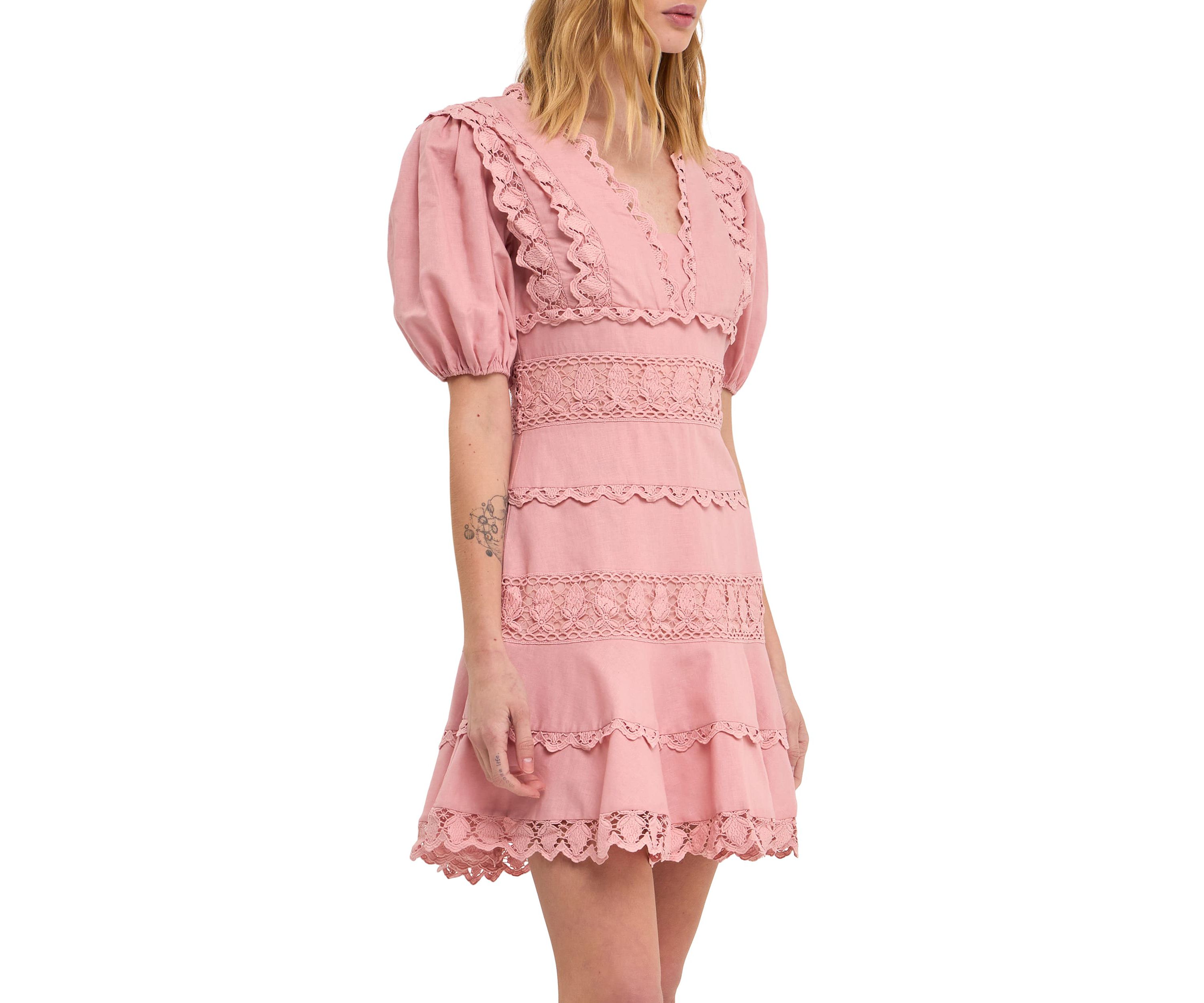 Plunging Lace Trim Dress with Puff Sleeve