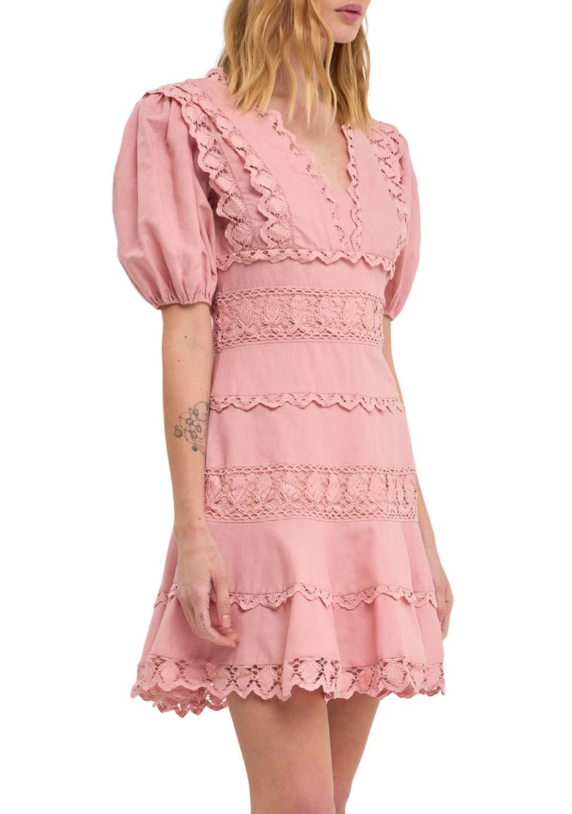Plunging Lace Trim Dress with Puff Sleeve