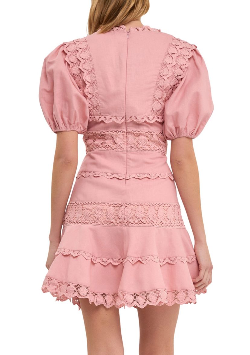Plunging Lace Trim Dress with Puff Sleeve