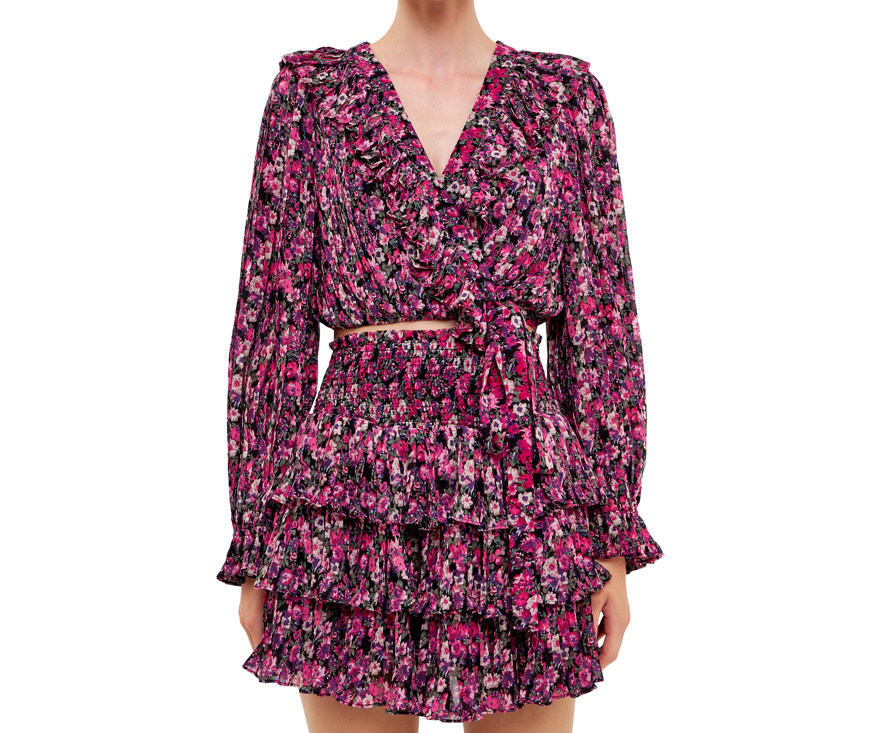 Chiffon Floral Printed Ruffled Crop Top