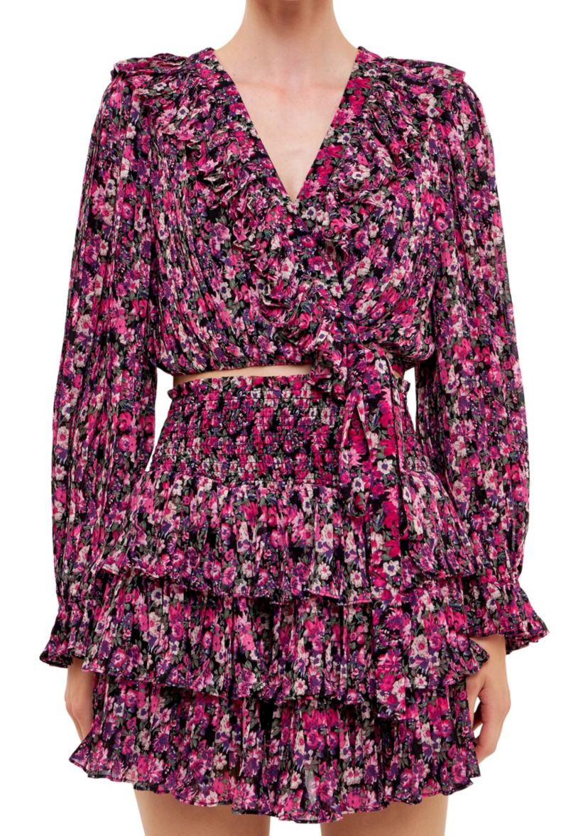 Chiffon Floral Printed Ruffled Crop Top