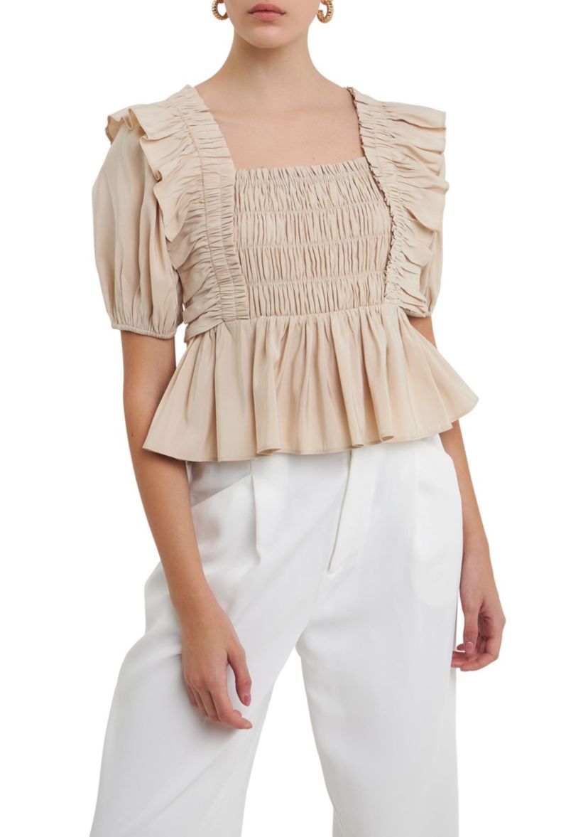 Smocked Detail Puff Sleeve Top