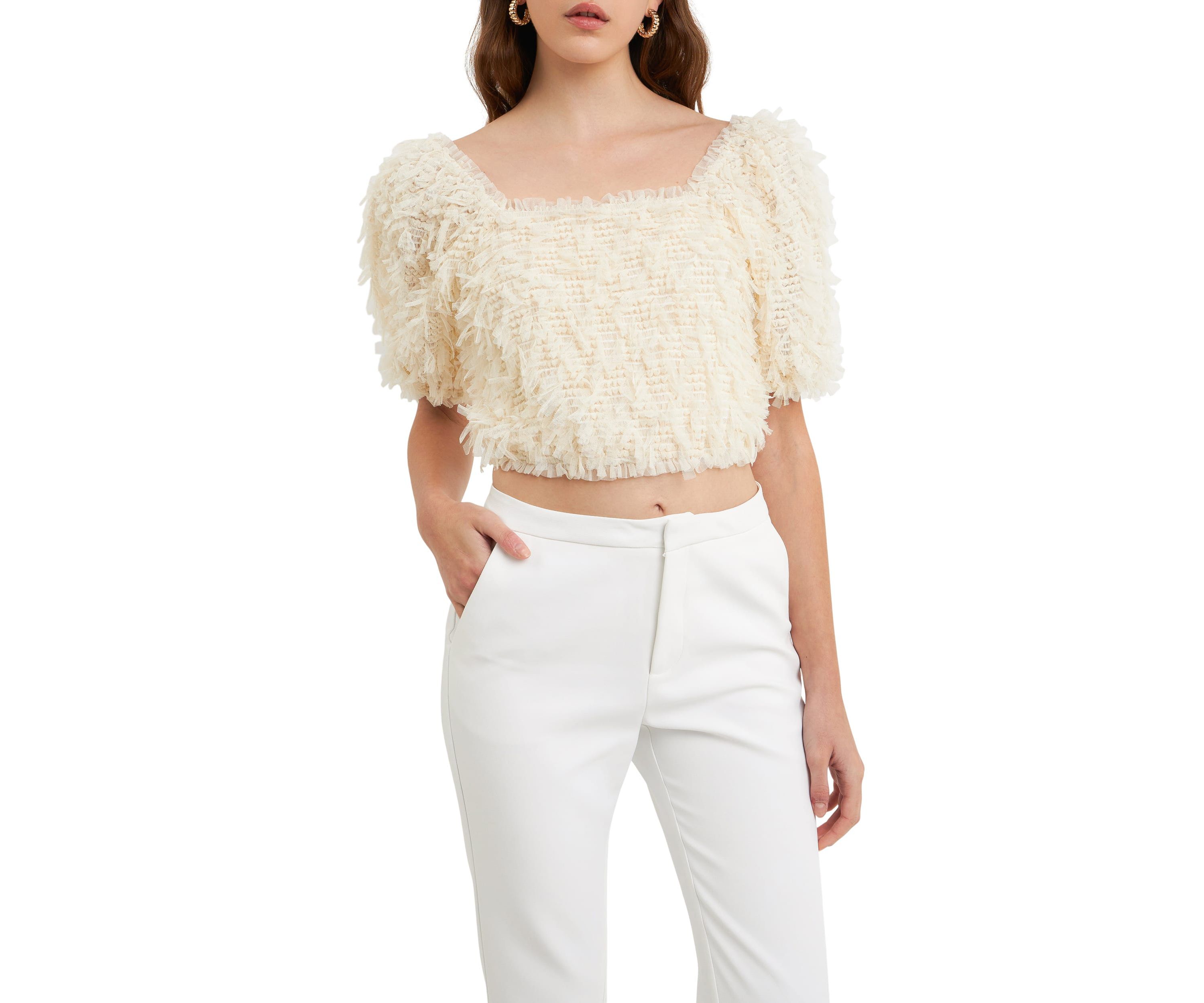 Mesh Trimmed Puff Sleeve Top
