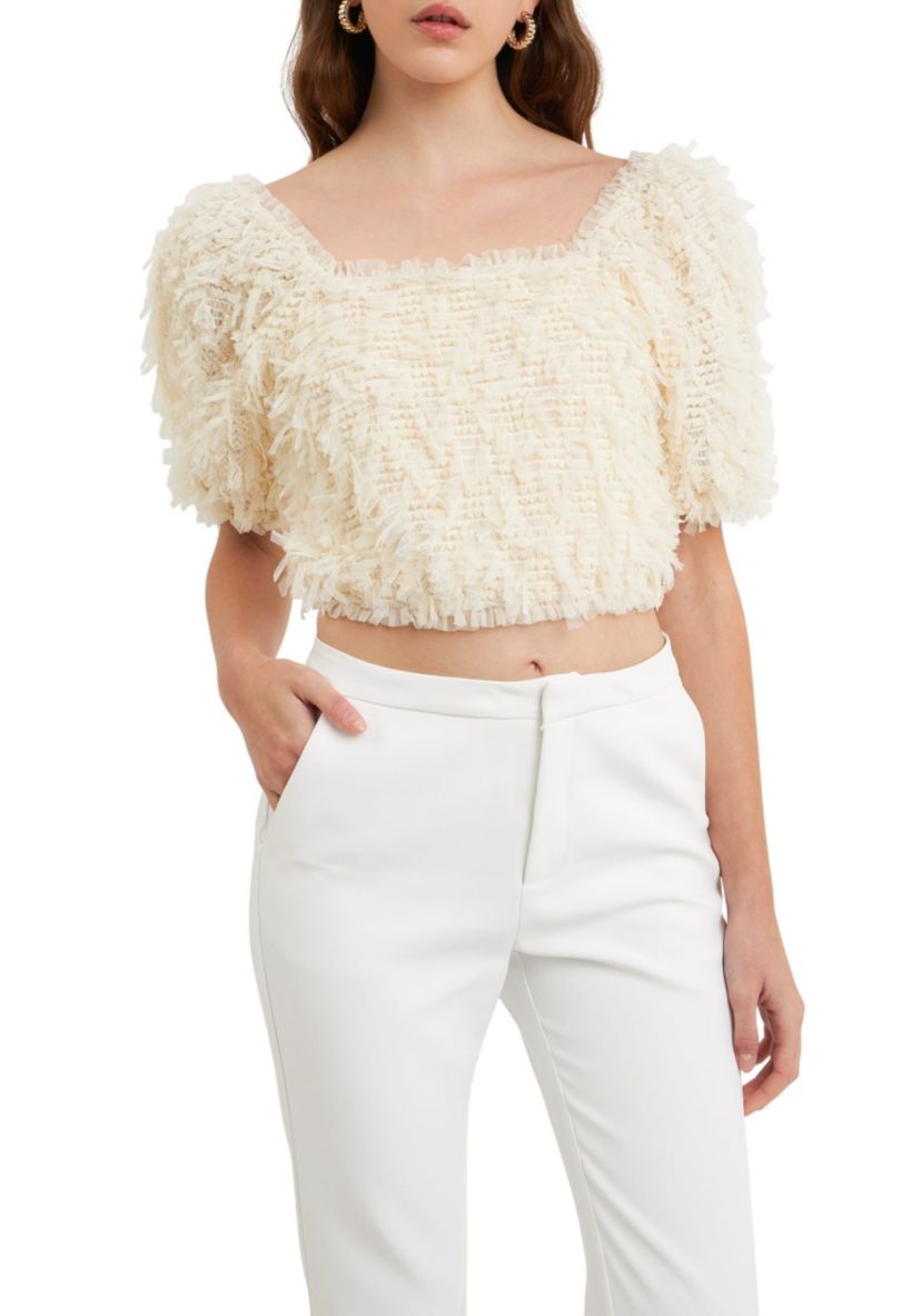 Mesh Trimmed Puff Sleeve Top