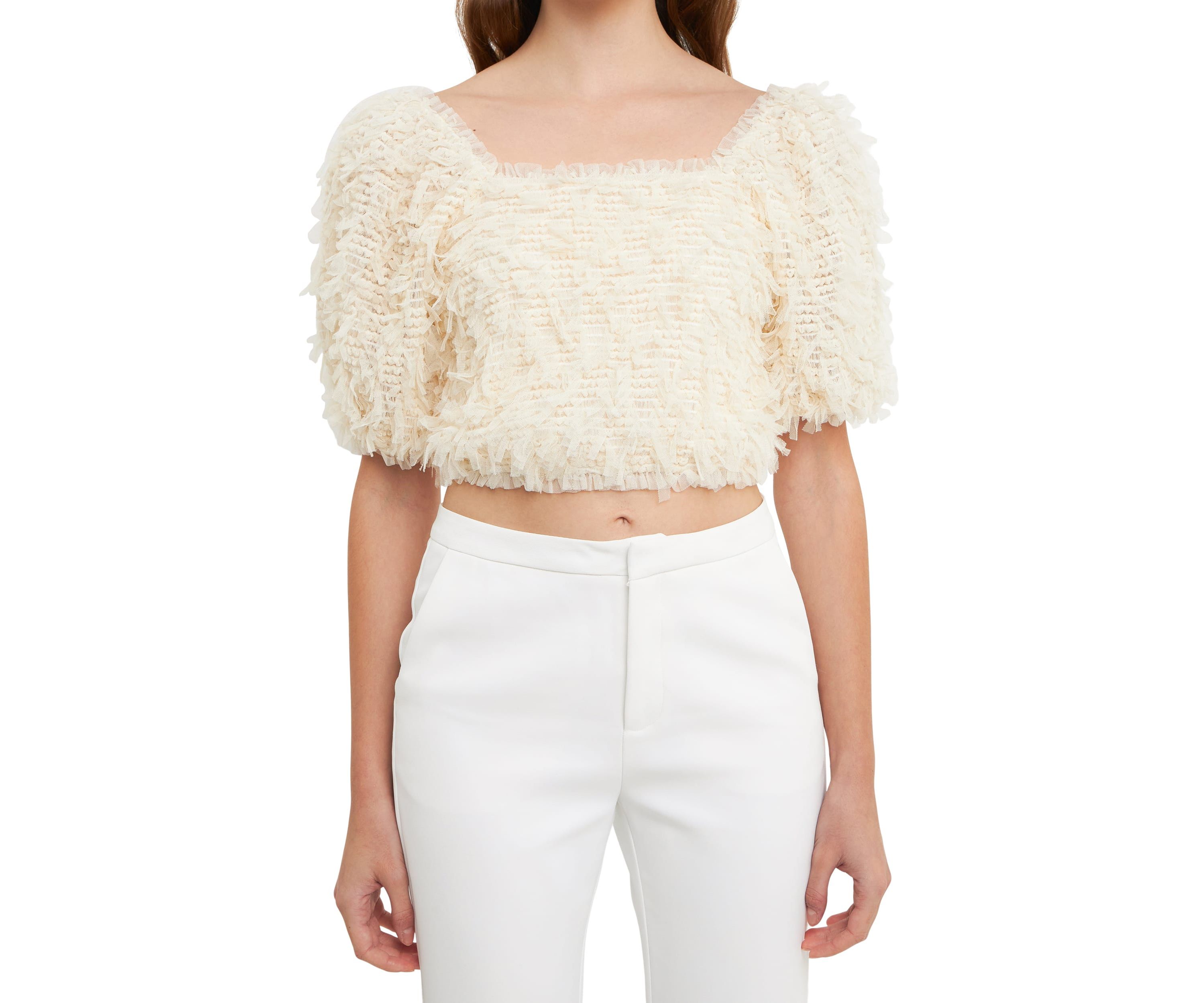 Mesh Trimmed Puff Sleeve Top
