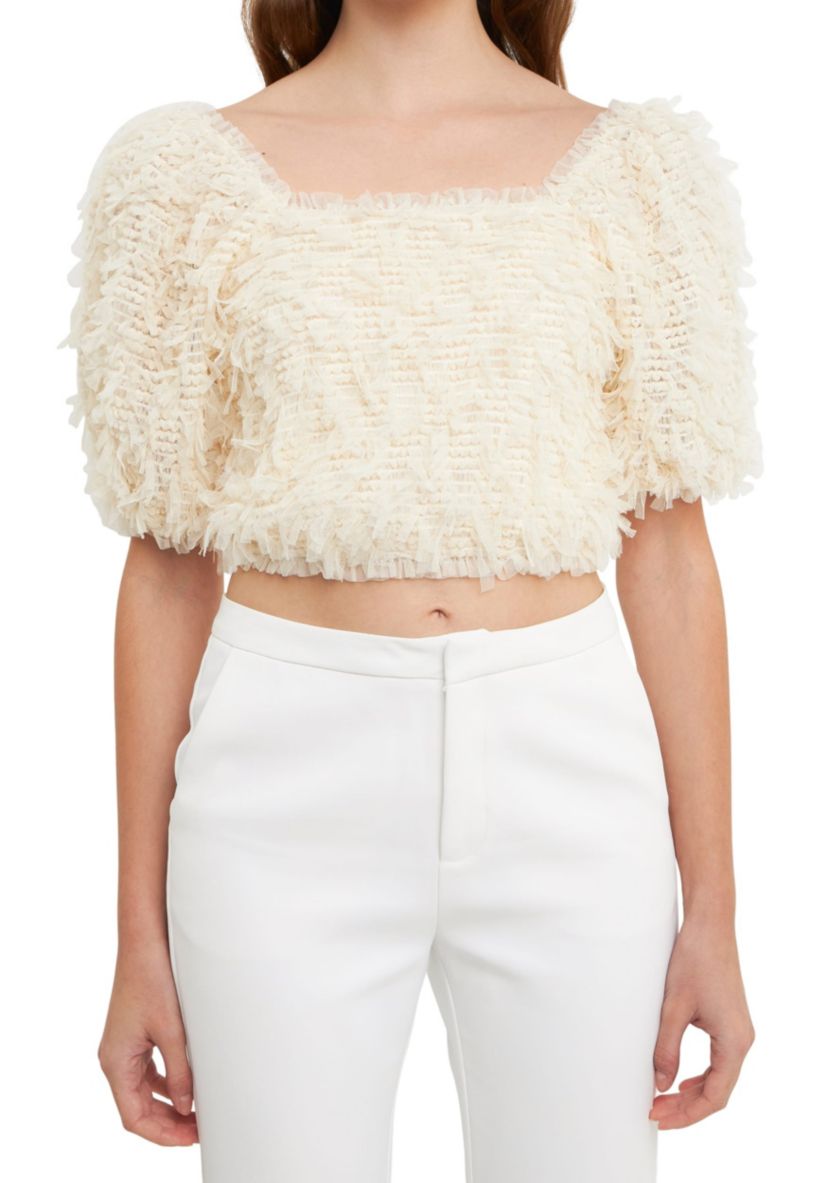 Mesh Trimmed Puff Sleeve Top