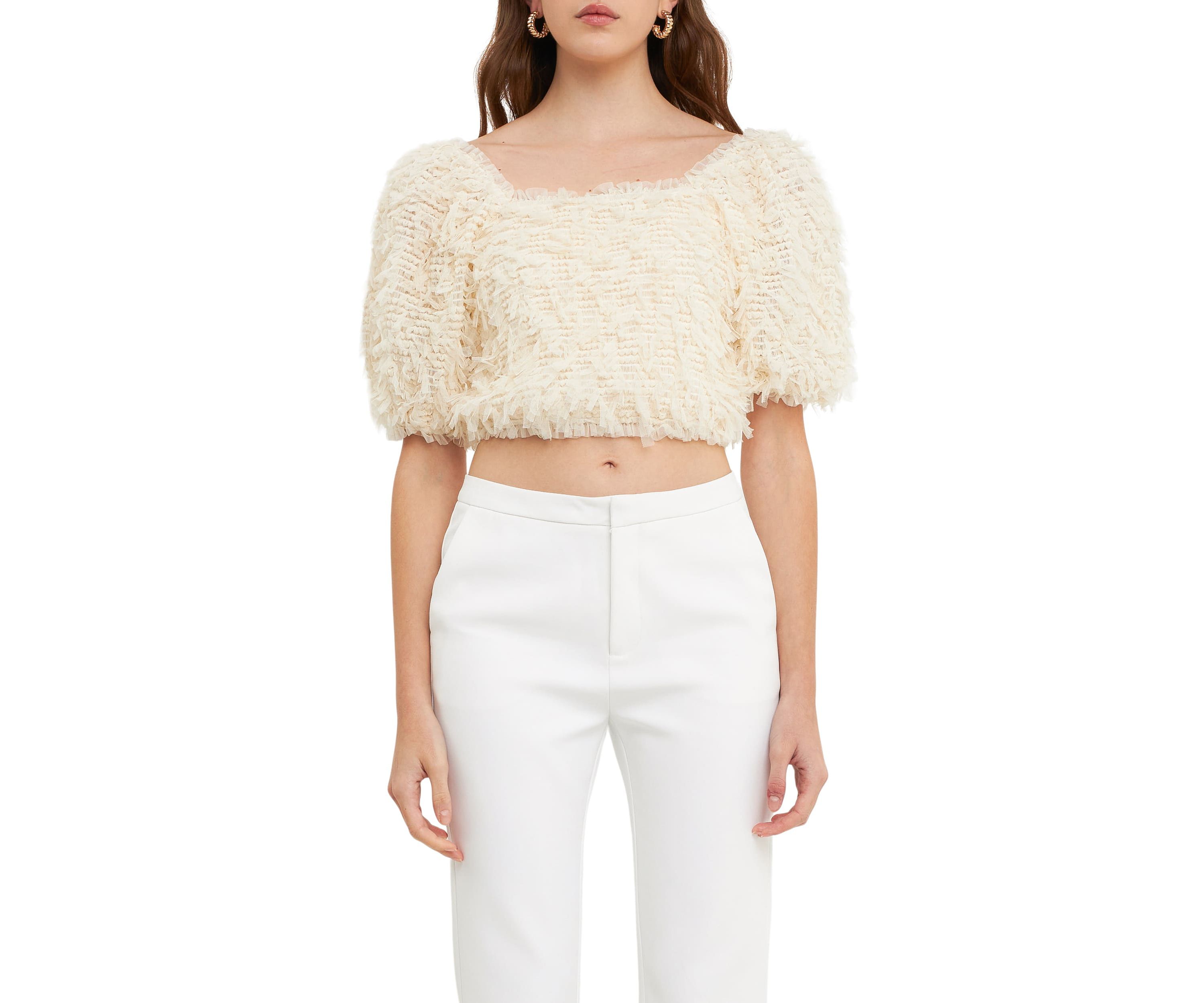 Mesh Trimmed Puff Sleeve Top