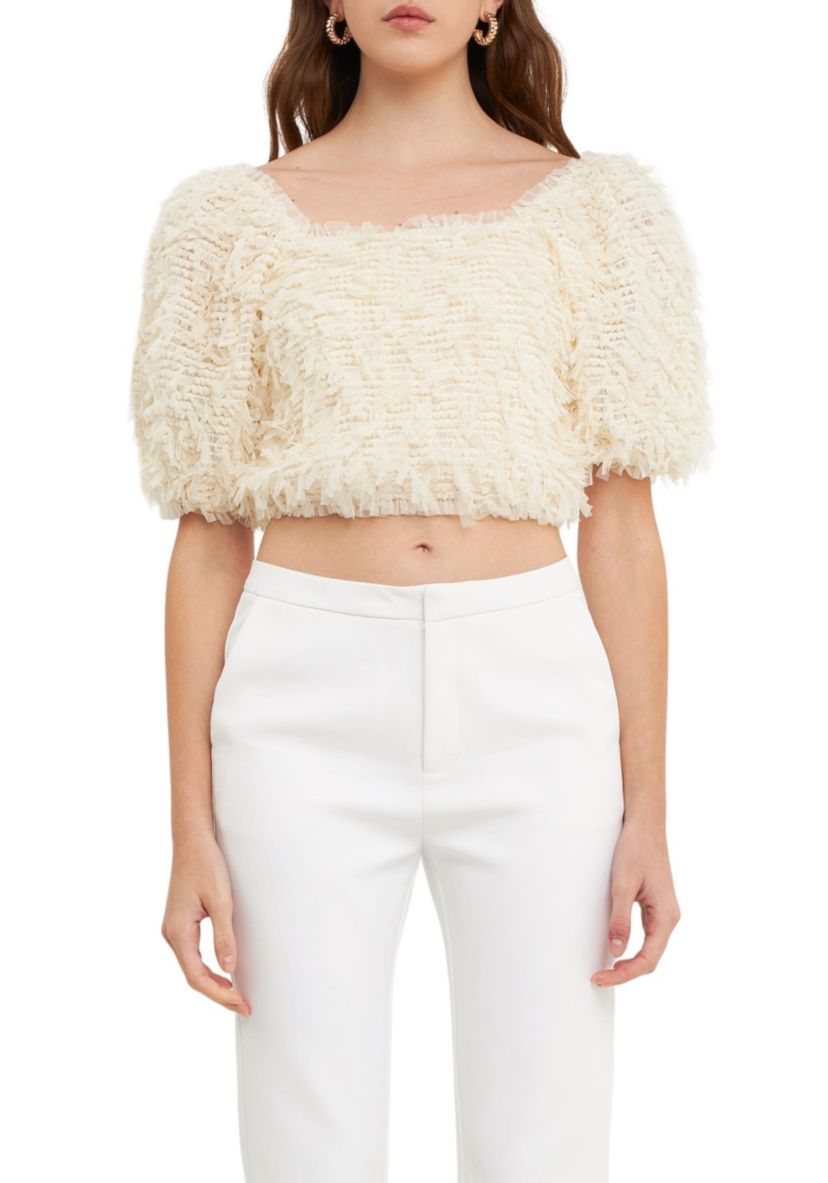 Mesh Trimmed Puff Sleeve Top
