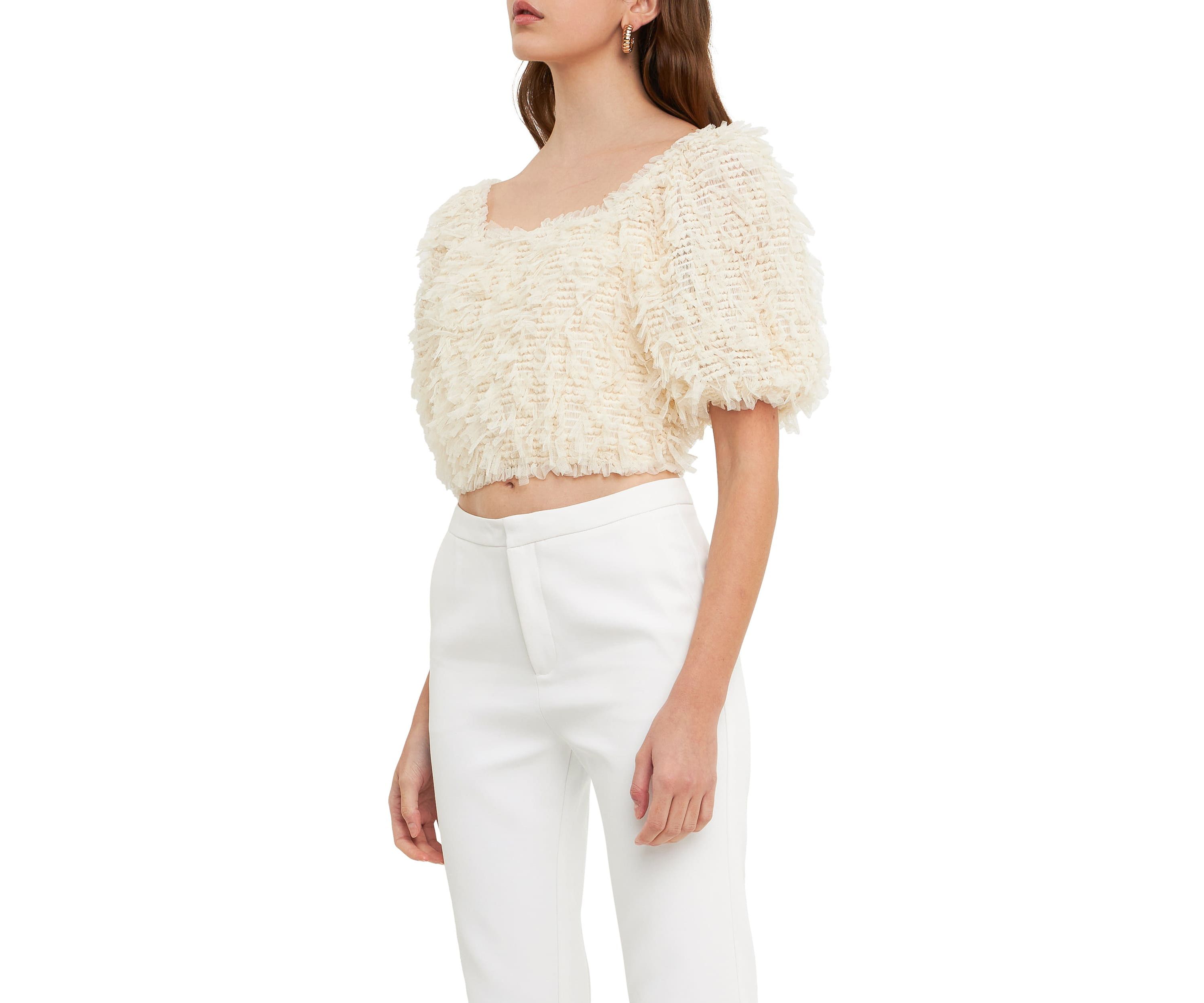 Mesh Trimmed Puff Sleeve Top