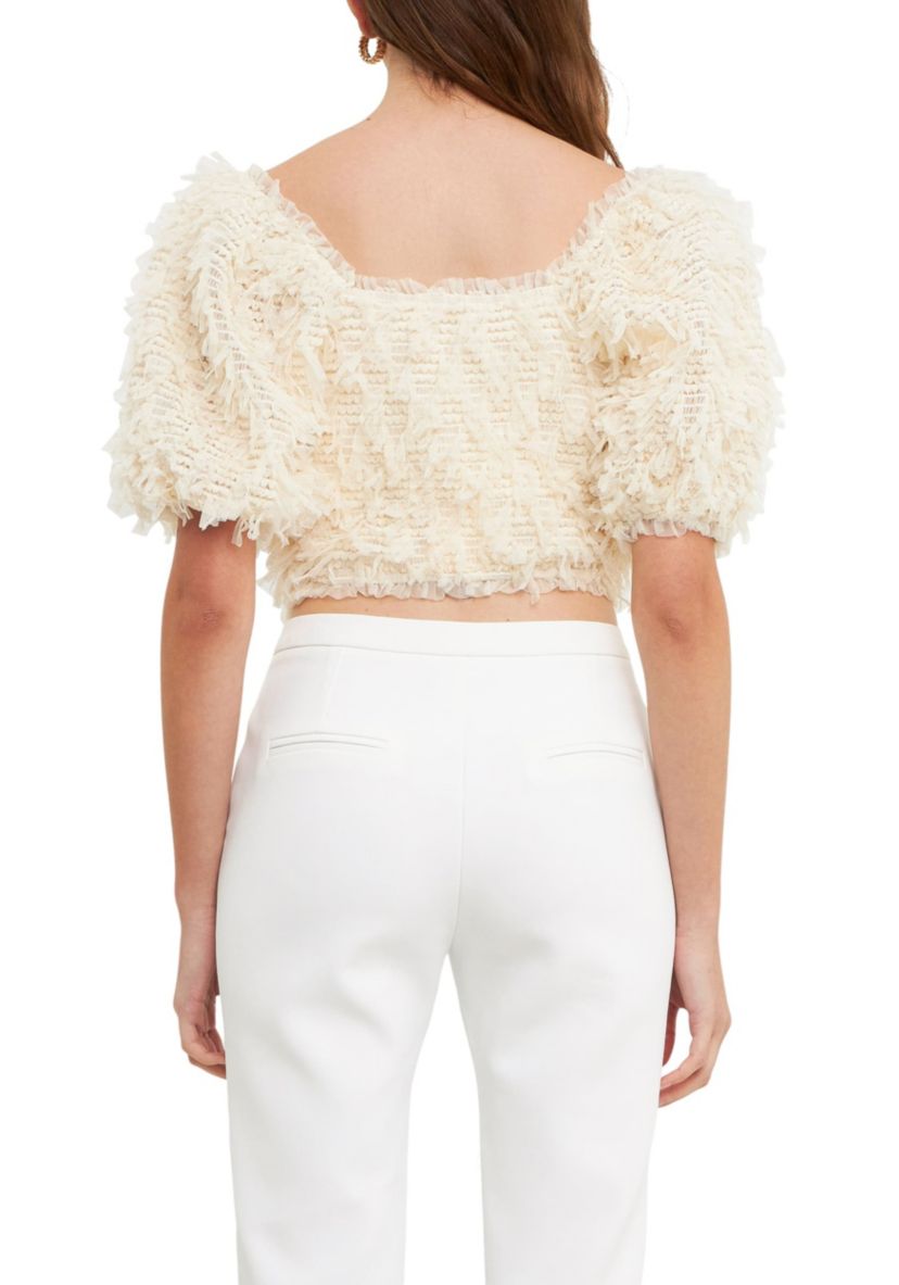 Mesh Trimmed Puff Sleeve Top