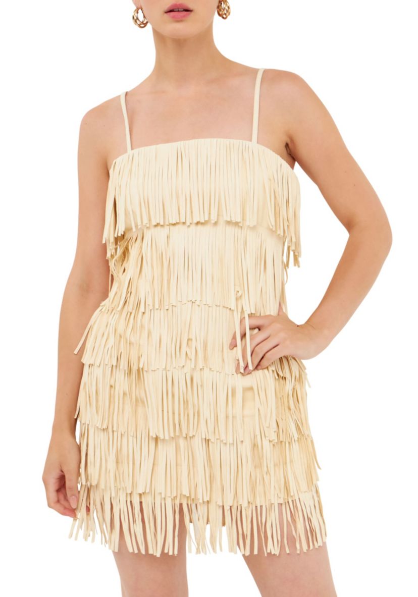 Suede Fringed Spaghetti Dress