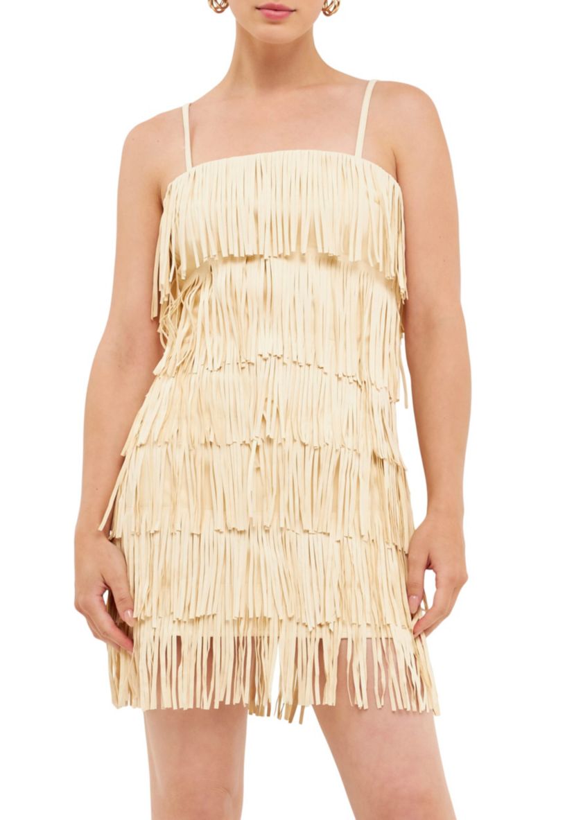 Suede Fringed Spaghetti Dress