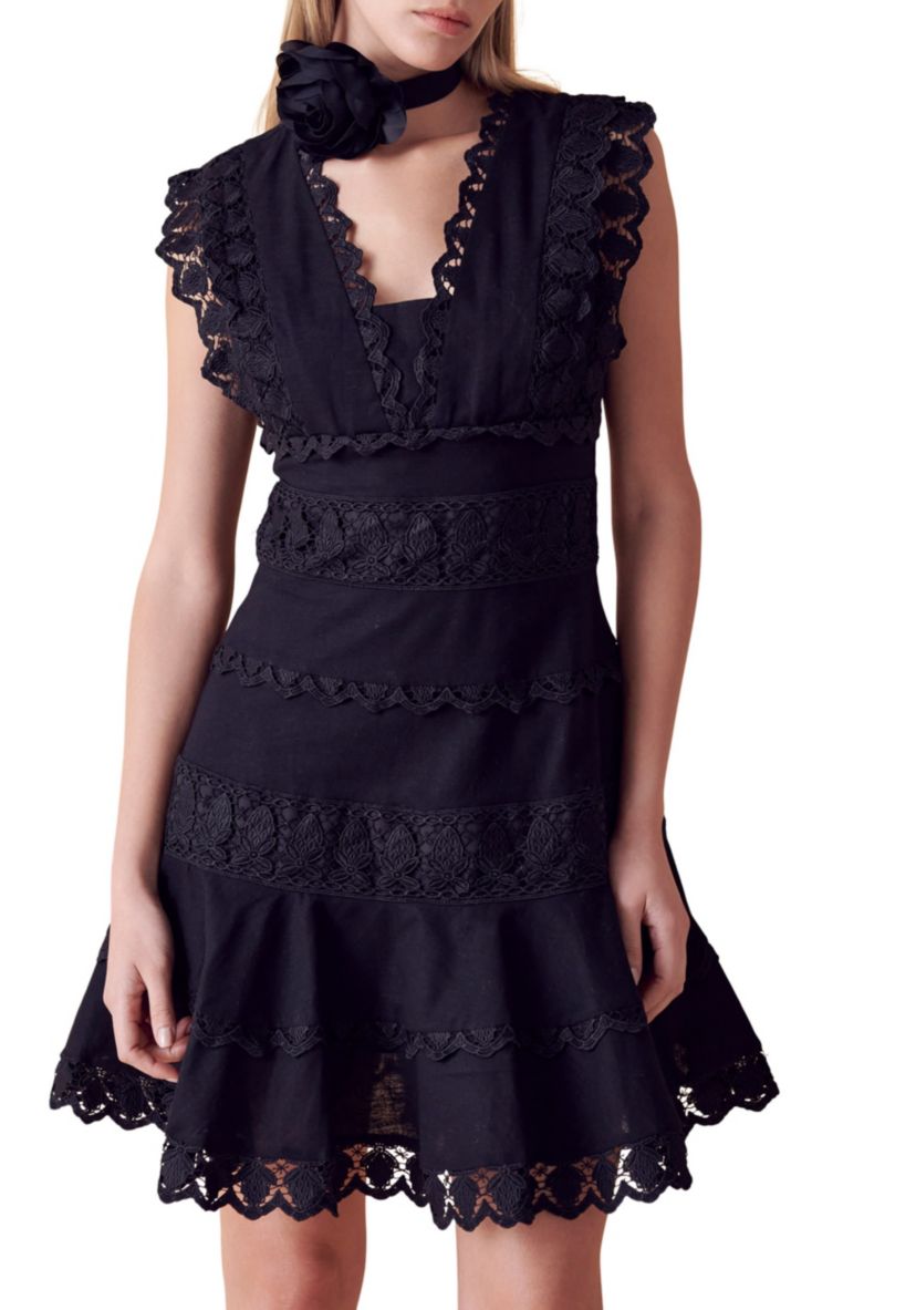 Plunging Neck Lace Trim Dress