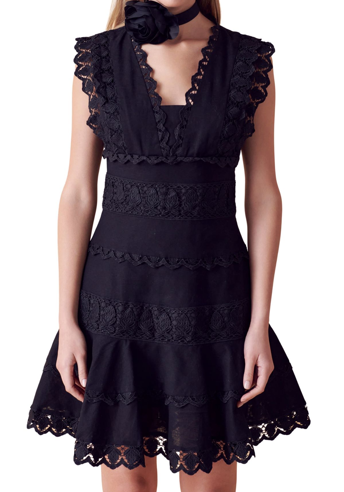Plunging Neck Lace Trim Dress