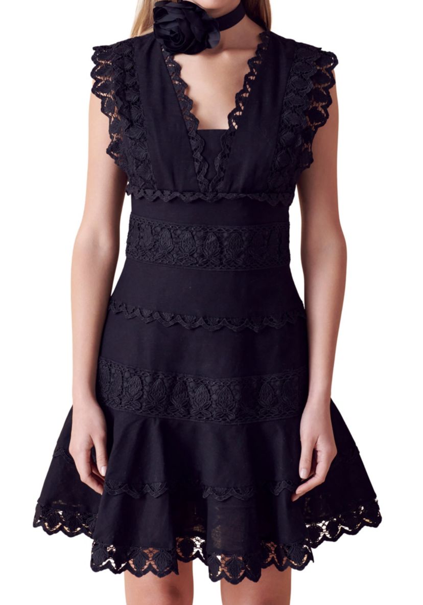 Plunging Neck Lace Trim Dress