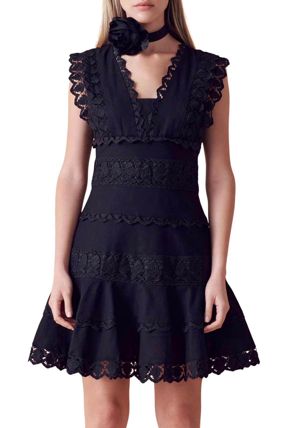 Plunging Neck Lace Trim Dress