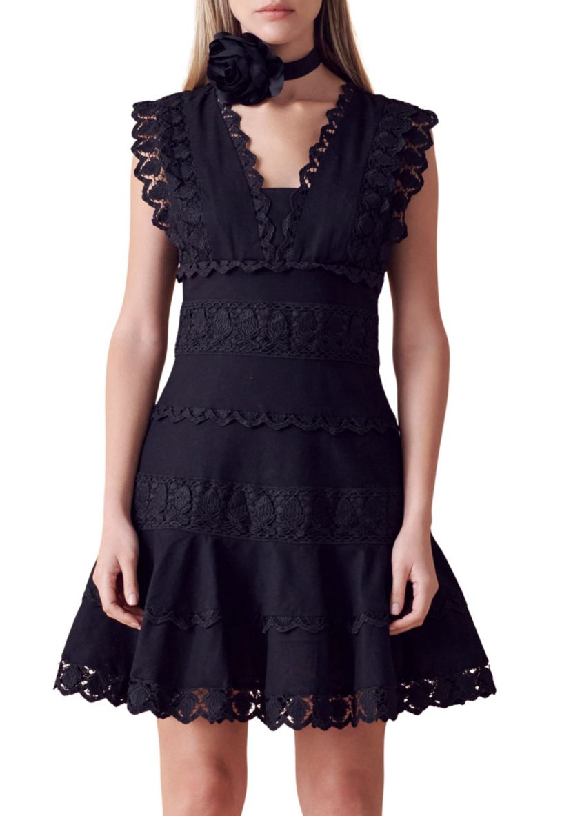 Plunging Neck Lace Trim Dress