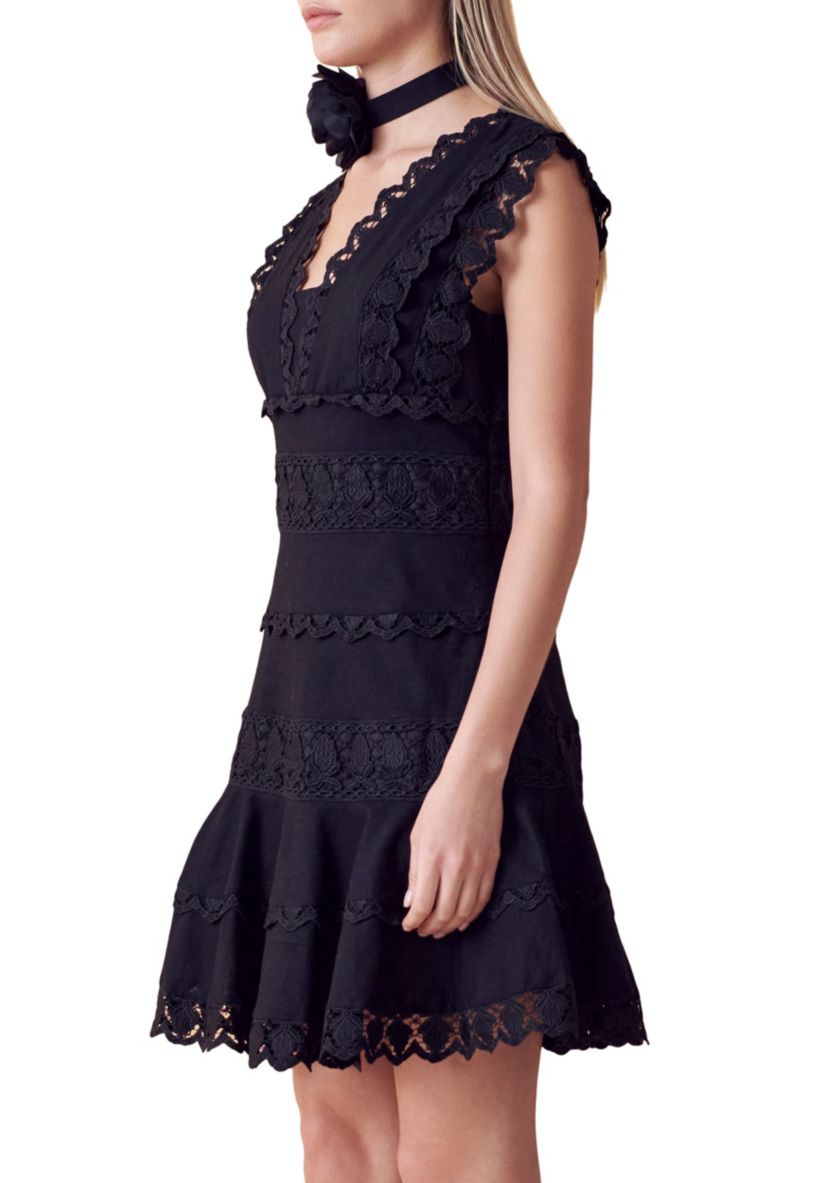 Plunging Neck Lace Trim Dress