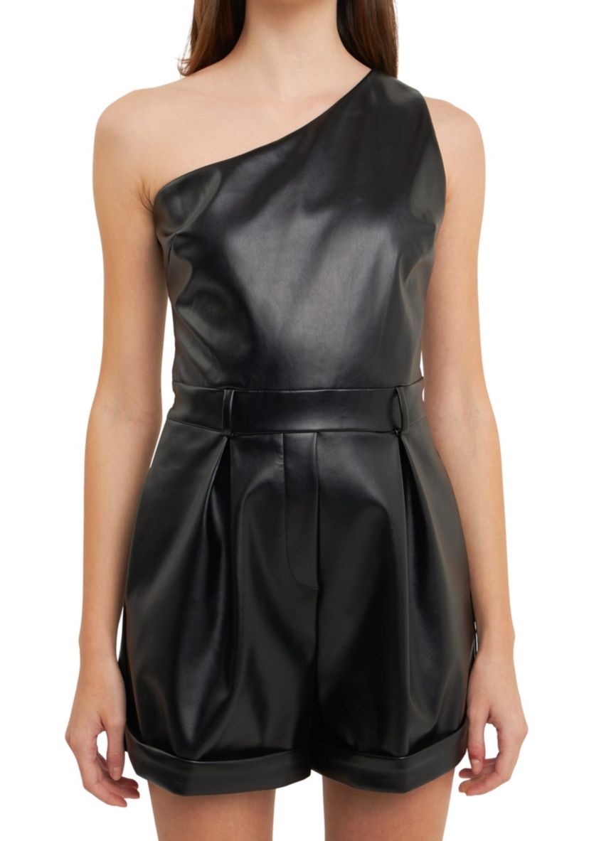 One Shoulder Pu Romper