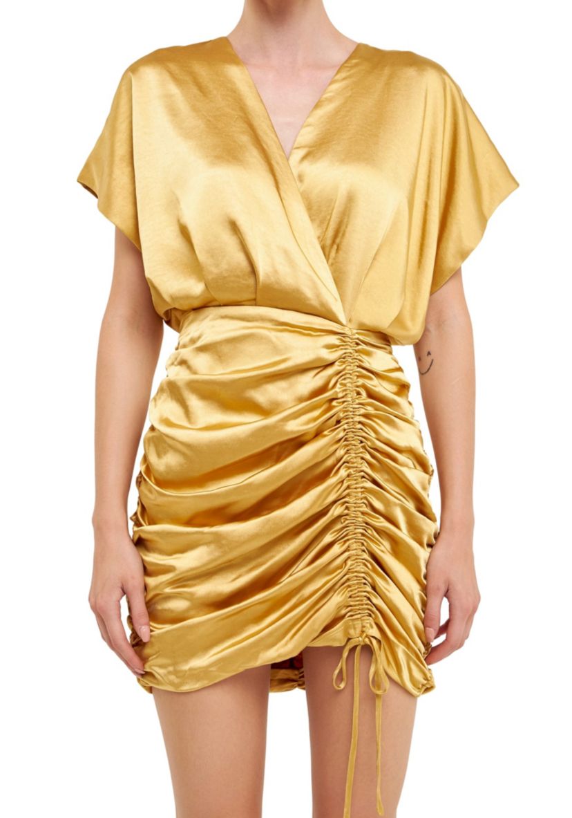 Satin Wrapped & Shirred Mini Dress
