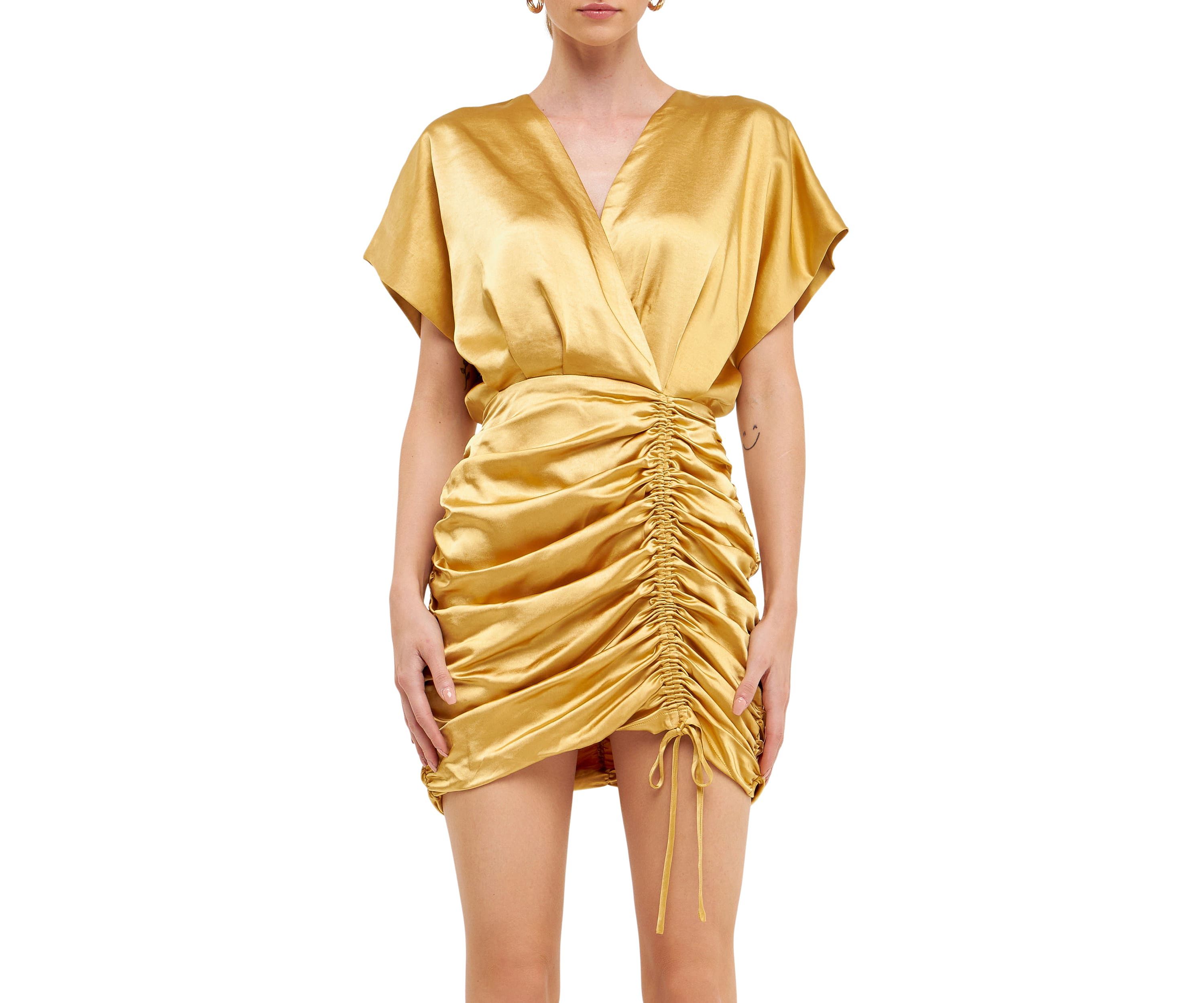 Satin Wrapped & Shirred Mini Dress
