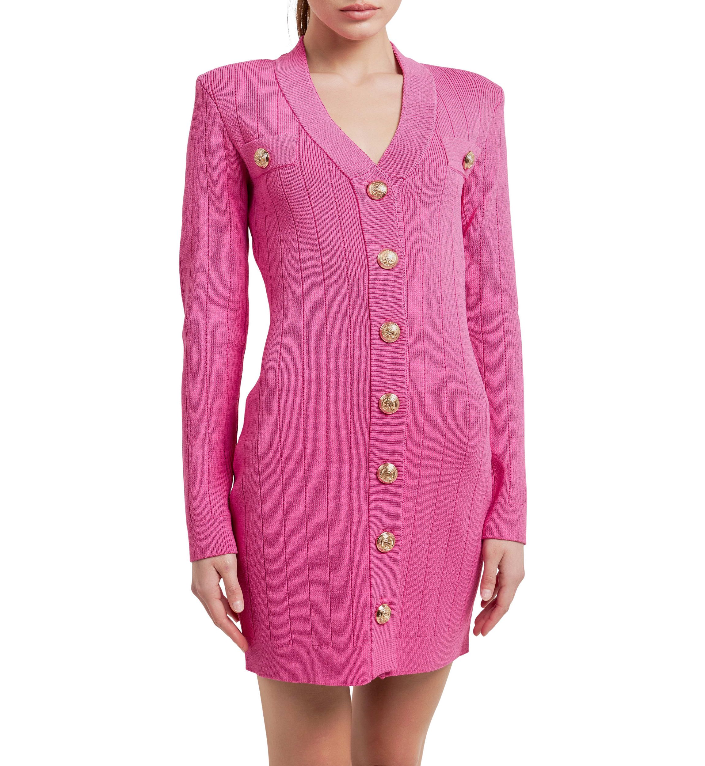 Shank Button V-neckline Knit Mini Dress