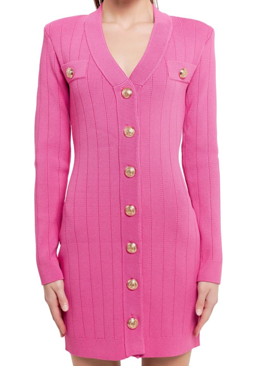 Shank Button V-neckline Knit Mini Dress