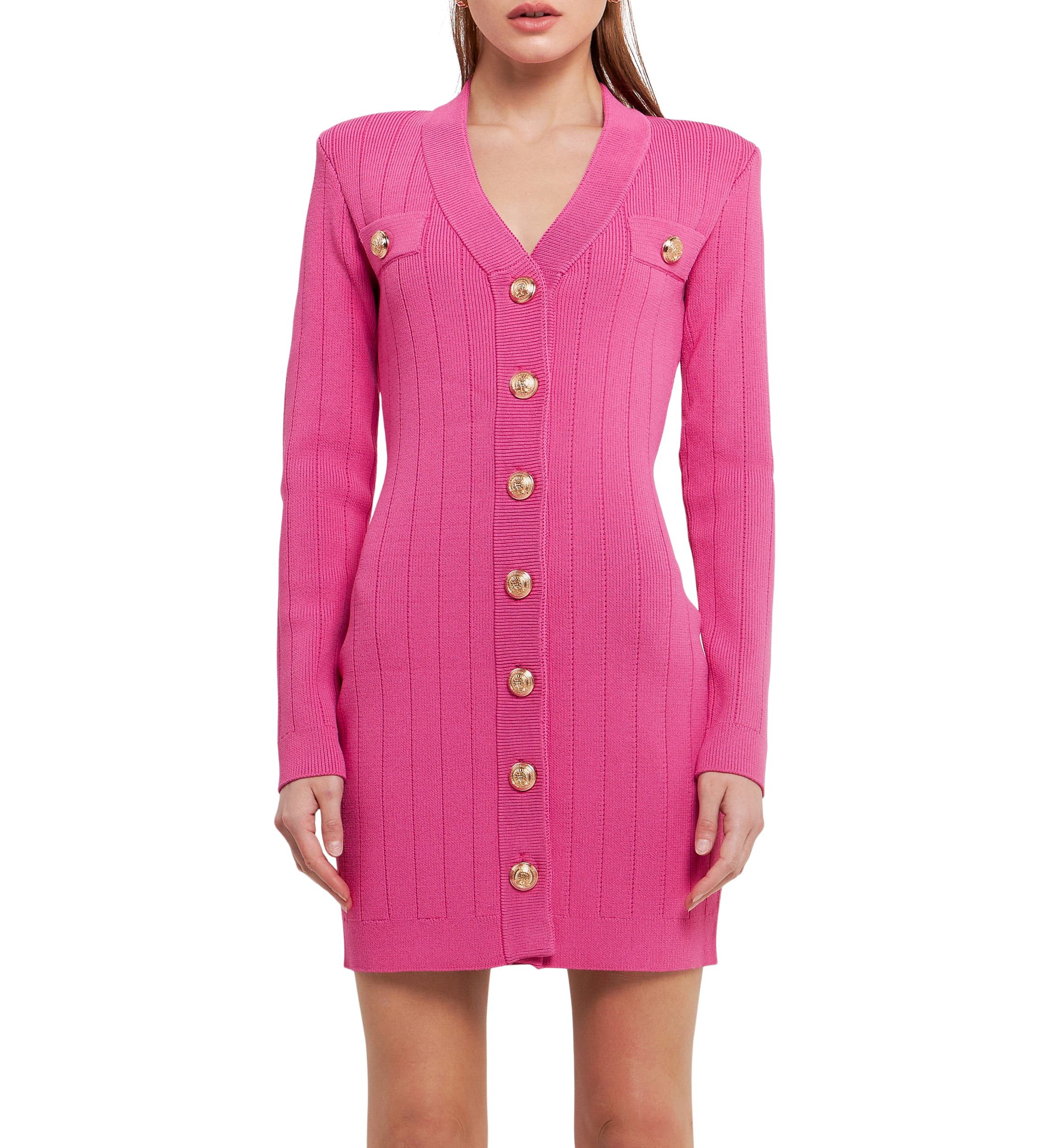 Shank Button V-neckline Knit Mini Dress