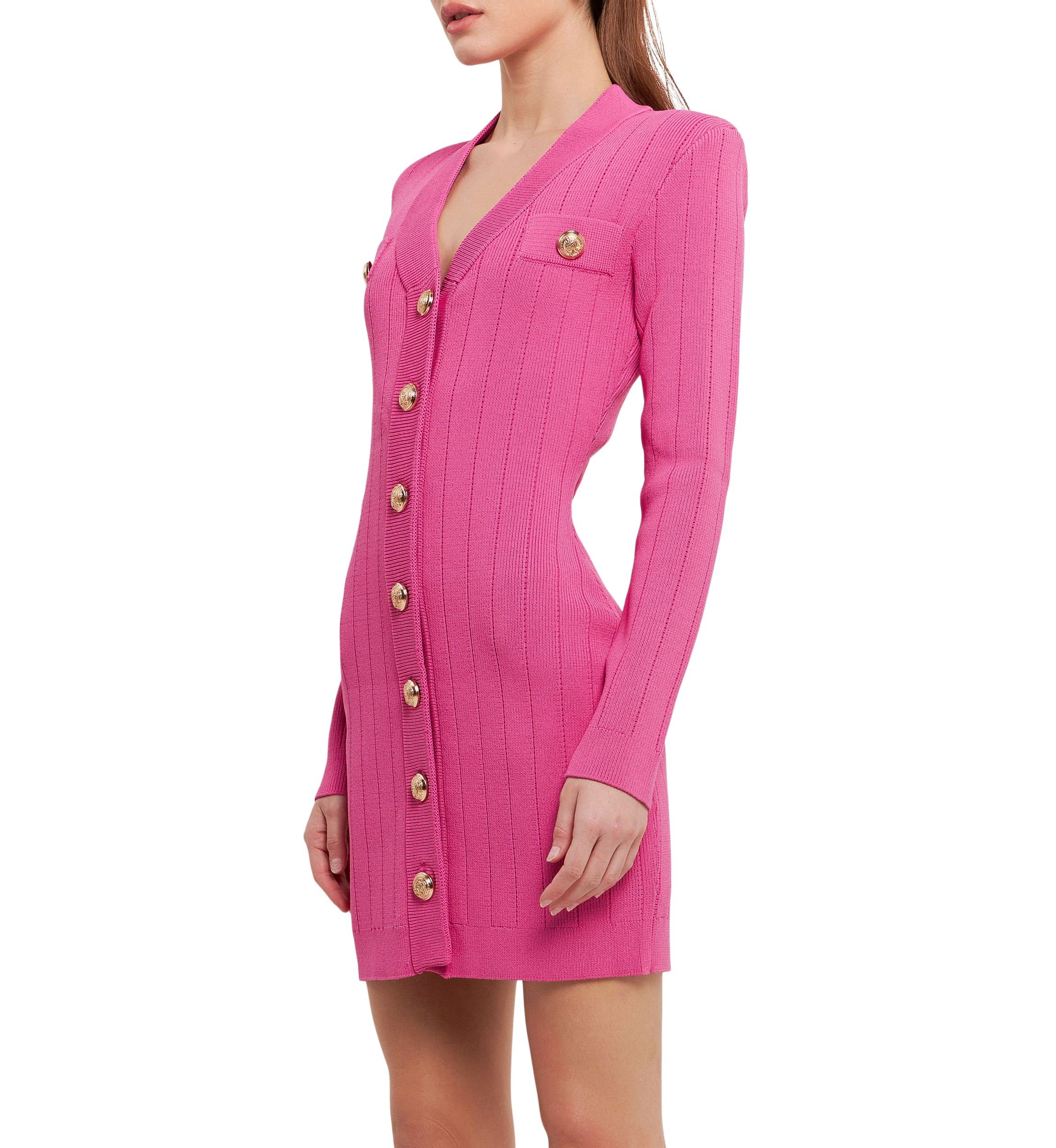 Shank Button V-neckline Knit Mini Dress