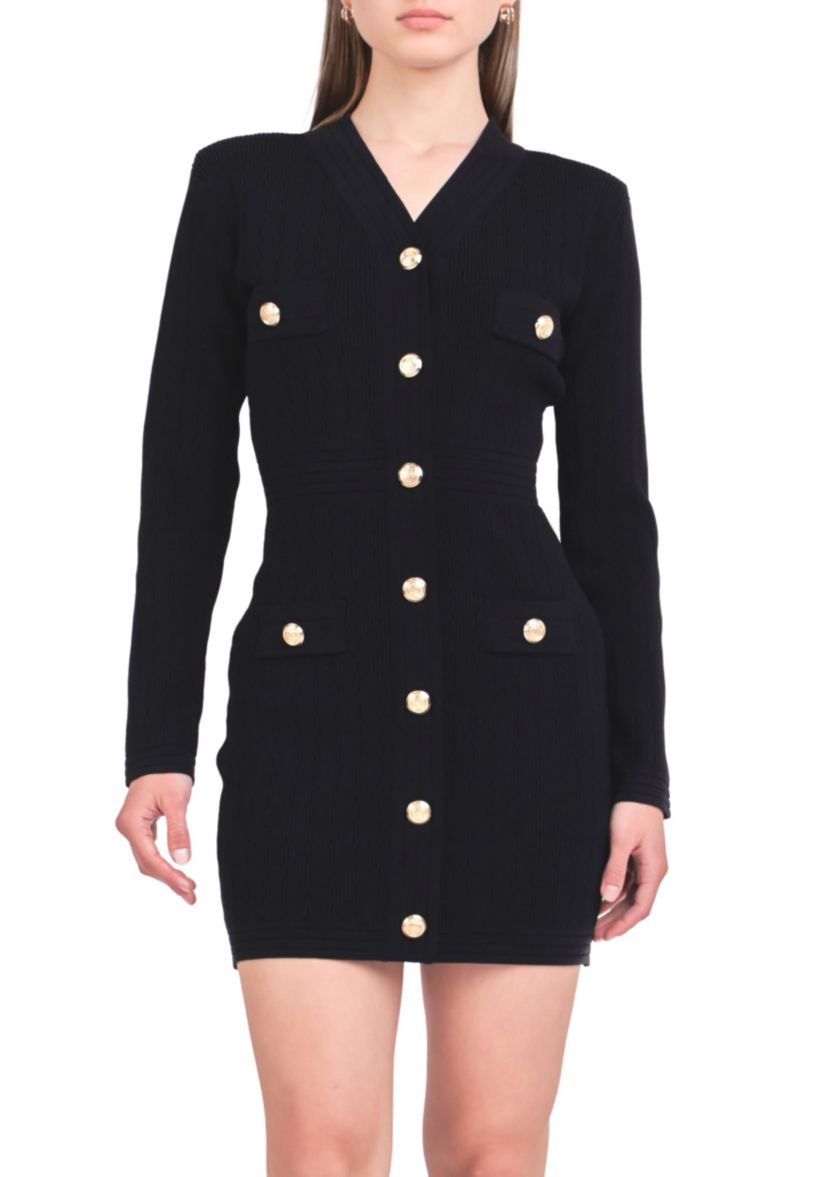 V-neck Long Sleeve Knit Mini Dress