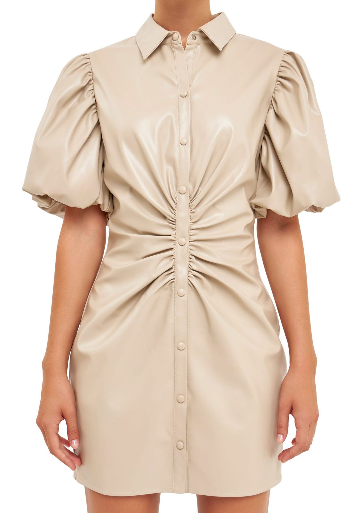 PU Leather Button Closure Mini Dress