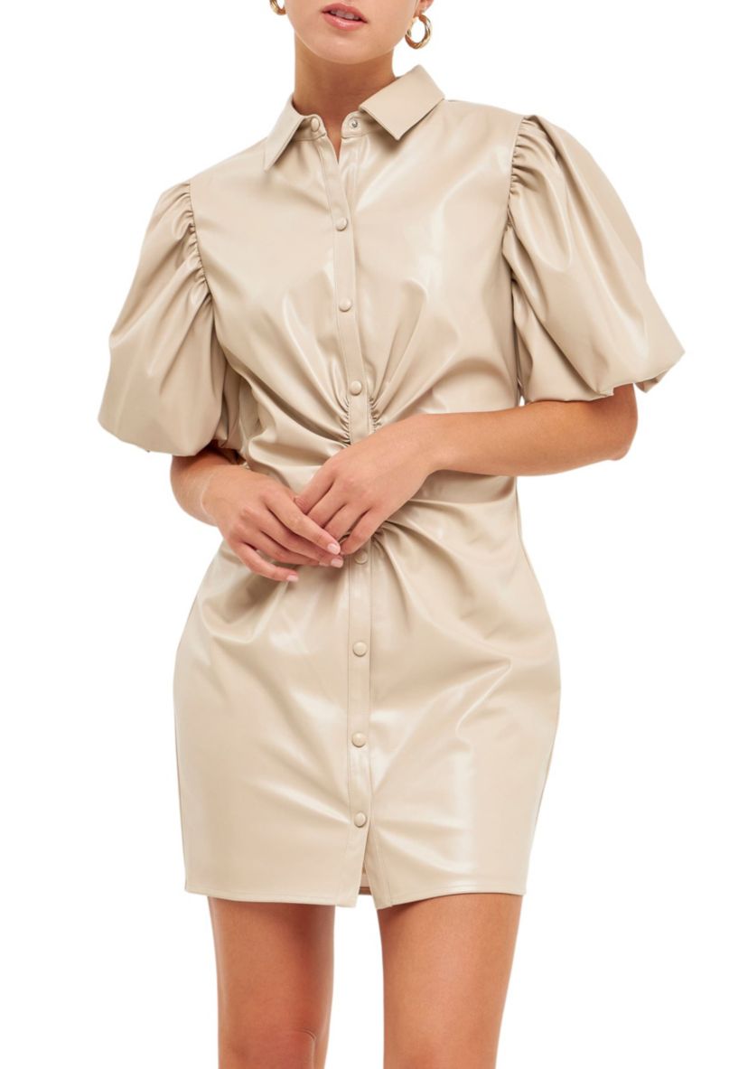 PU Leather Button Closure Mini Dress